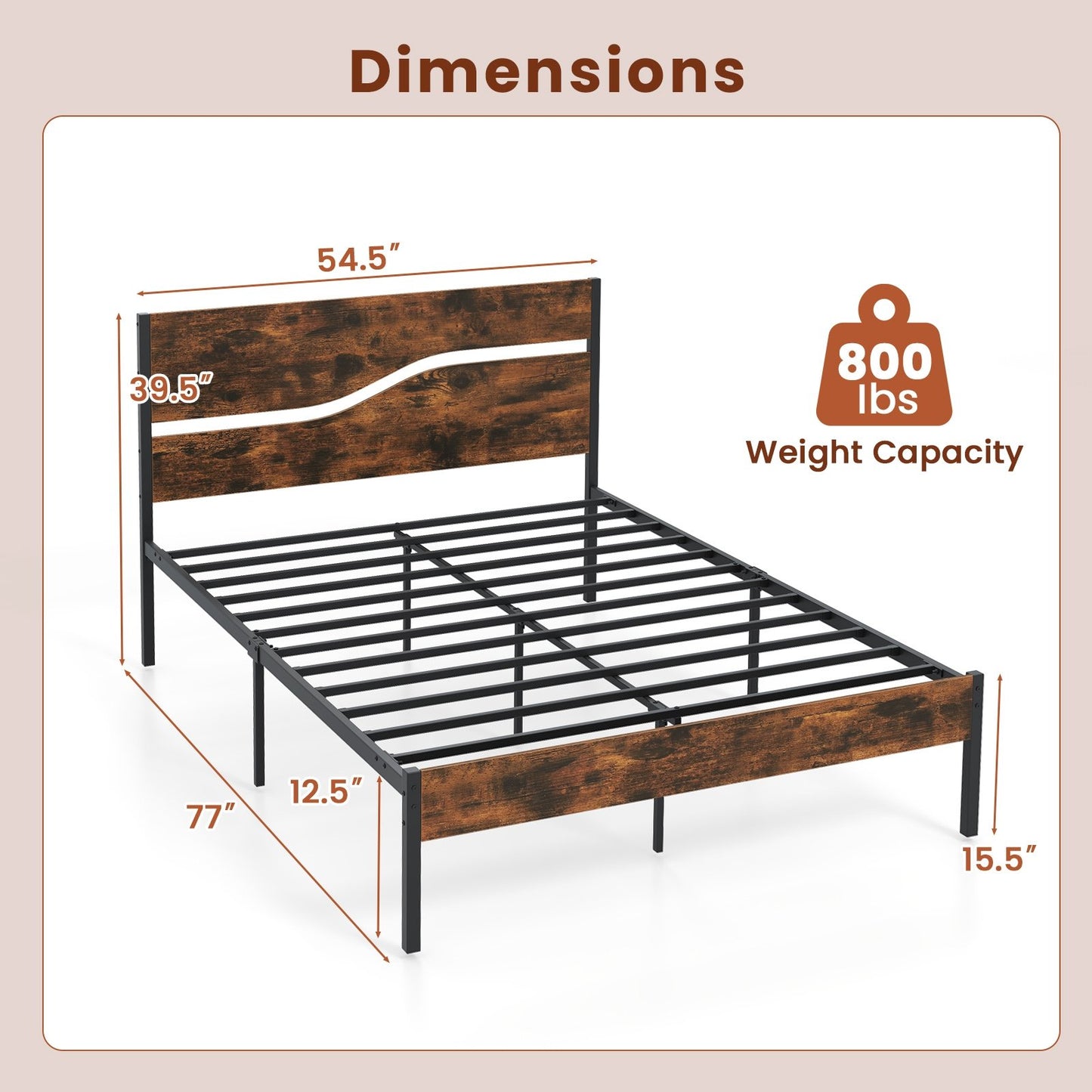 Twin/Full/Queen/King Metal Bed Frame with Wooden Headboard and Footboard-Full Size, Rustic Brown Simple Bed Frame at Gallery Canada