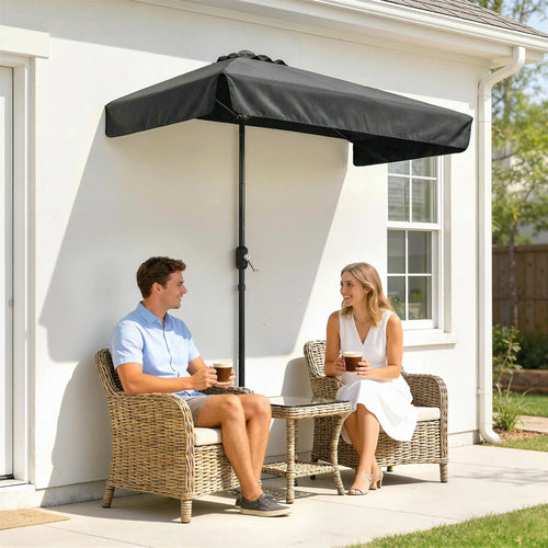 7.5ft Half Umbrella, Semi Round Patio Parasol, Crank Handle, Top Vent, Black