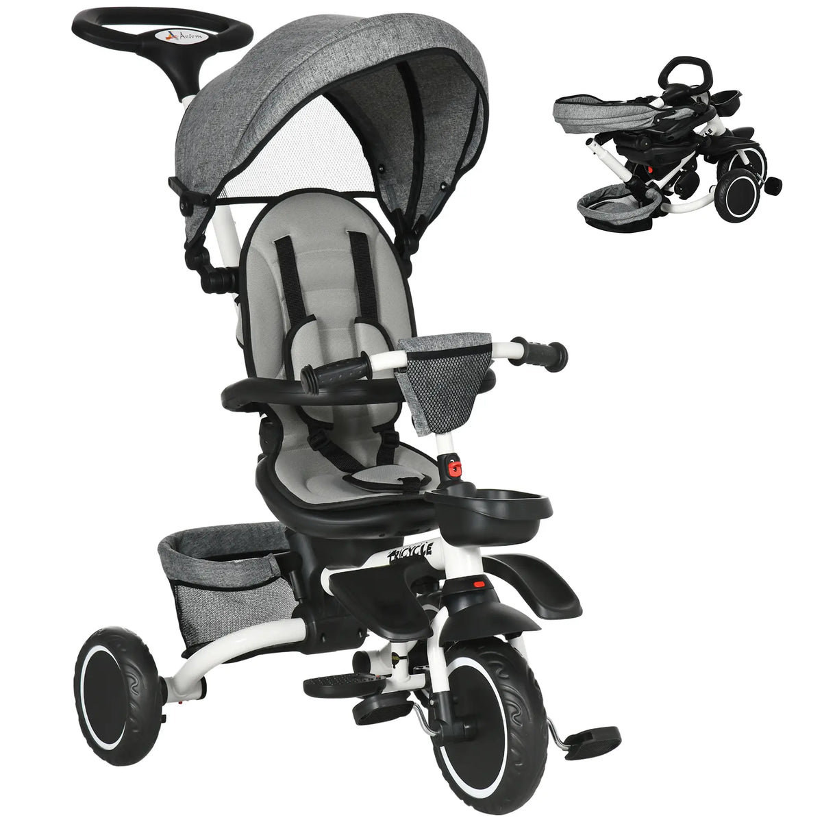 6-in-1 Toddler Tricycle, Adjustable Seat, Push Handle, Grey Tricycles for Kids Grey, White at Gallery Canada