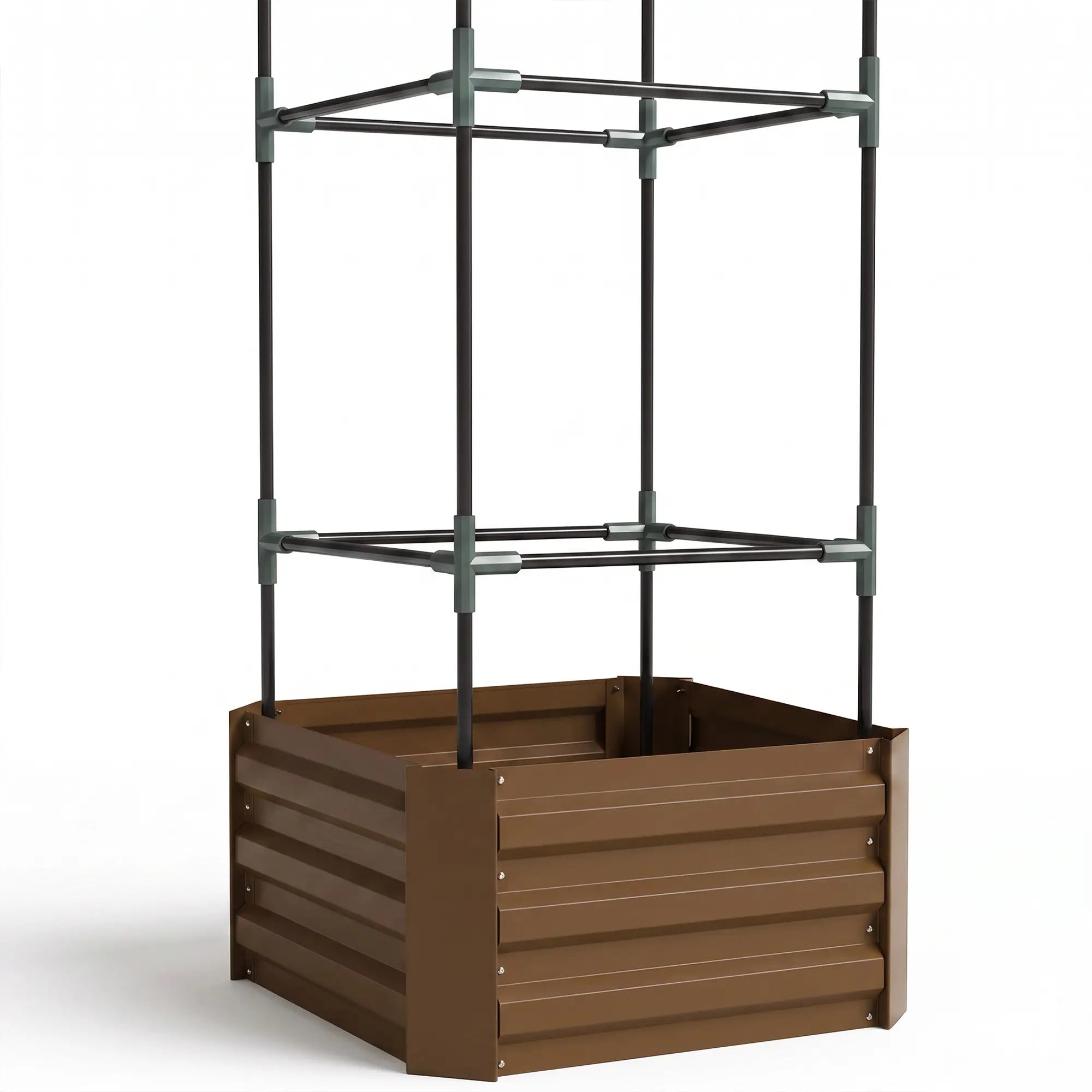 Galvanized Planter Box, Outdoor Raised Garden Bed with 3-Tier Trellis Tomato Cage for Climbing Vines, Vegetables, Brown Galvanized Planter Boxes at Gallery Canada