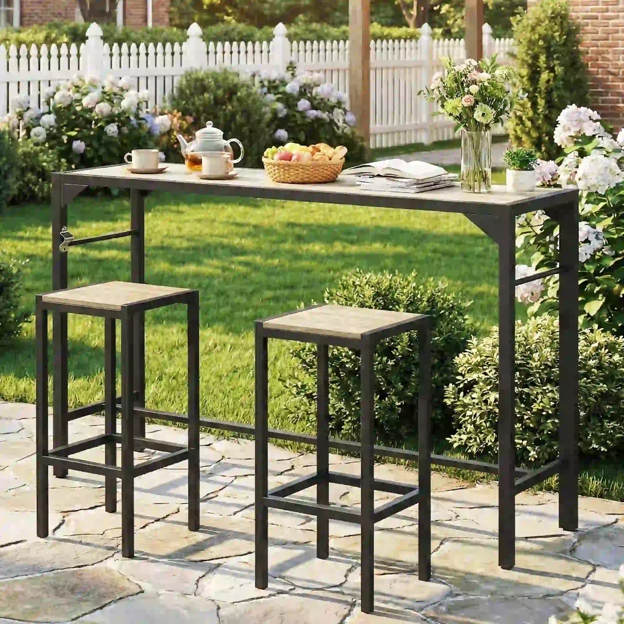 Outdoor Bar Table With Built-In Bottle Opener, Wood Grain Plastic Top, 55