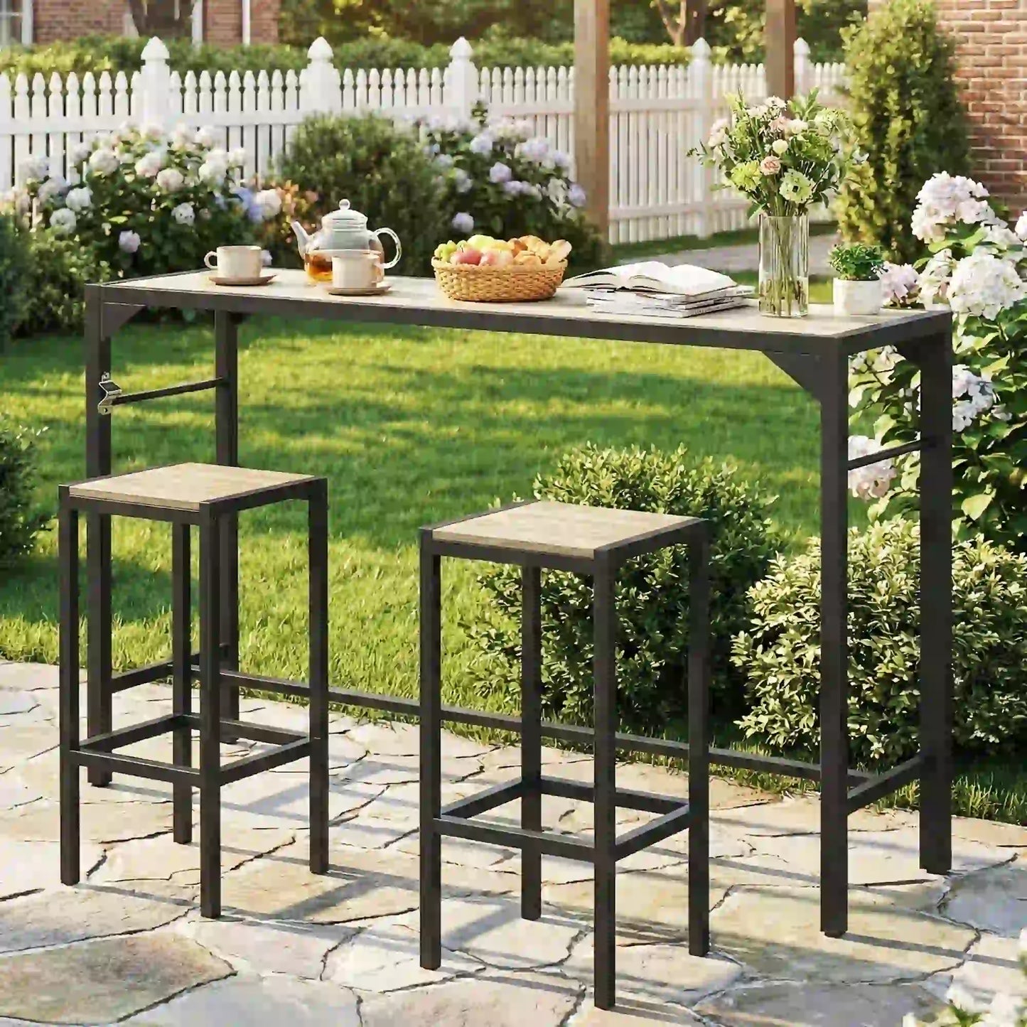 Outdoor Bar Table With Built-In Bottle Opener, Wood Grain Plastic Top, 55" x 15" x 39" Patio Dining Tables at Gallery Canada