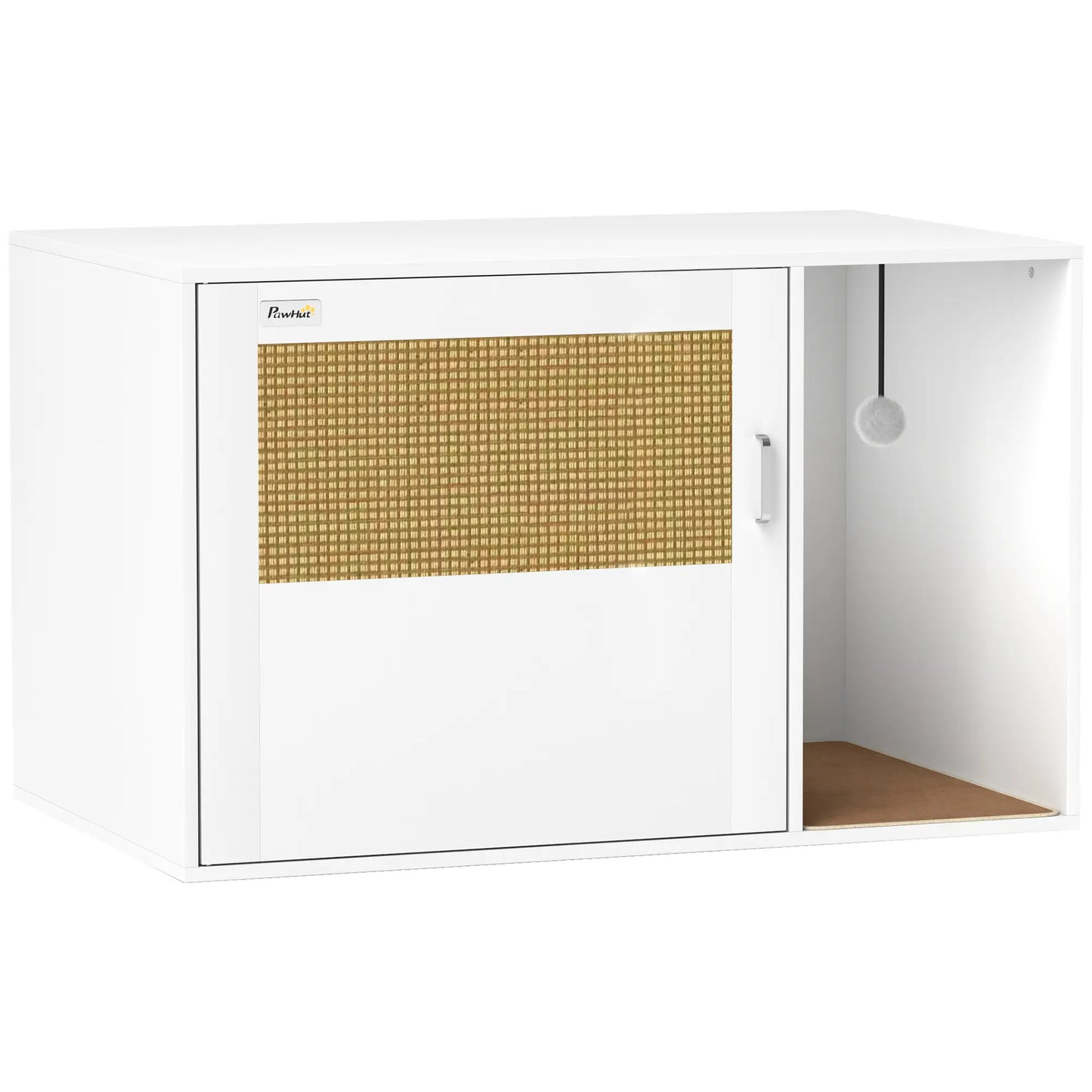 Cat Litter Box Enclosure, End Side Table with Rattan Door, Scratching Pad, White Cat Litter Box Enclosures White at Gallery Canada