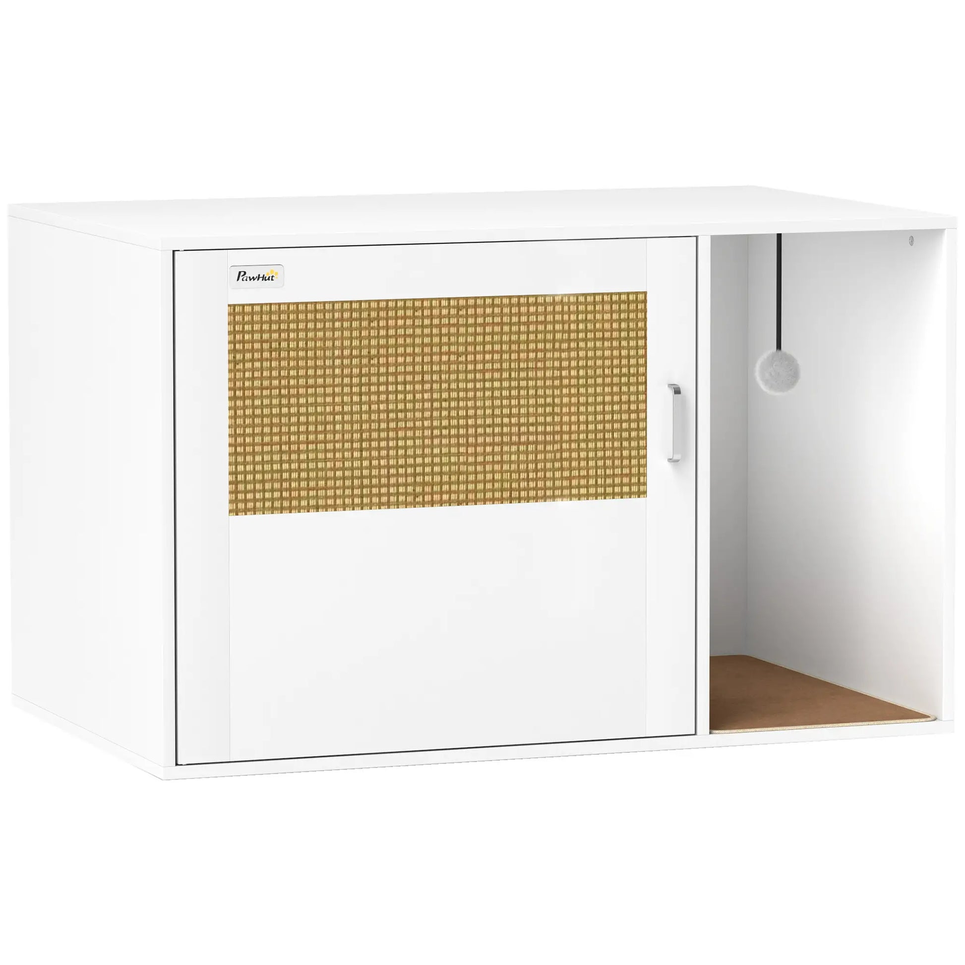 Cat Litter Box Enclosure, End Side Table with Rattan Door, Scratching Pad, White Cat Litter Box Enclosures White at Gallery Canada