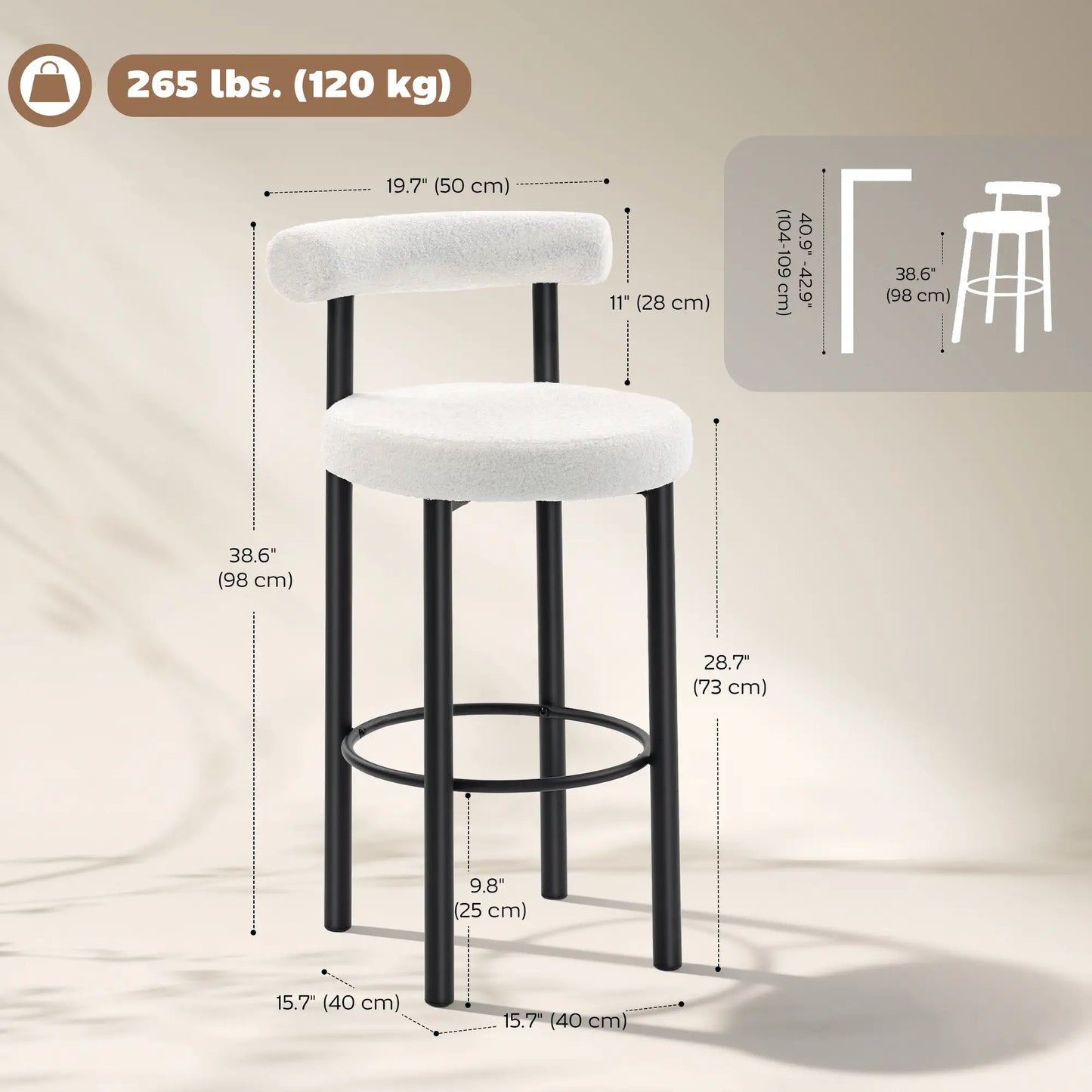 Sherpa Upholstered Bar Stools Set of 2, With Backrest and Footrest Bar Stools at Gallery Canada