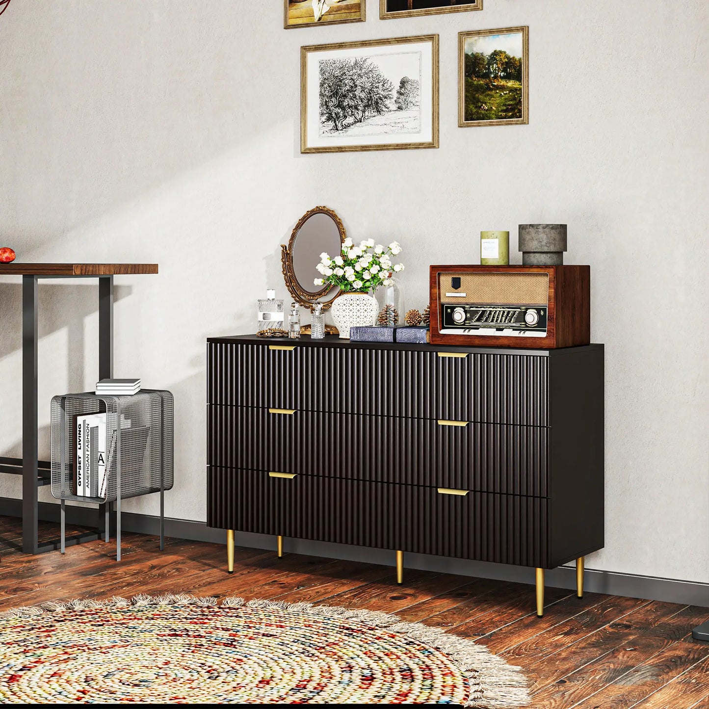 Modern 6 Drawer Dresser, with Gold Legs, Bedroom Chest, Black Storage Cabinets at Gallery Canada