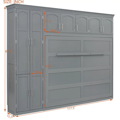 Murphy Bed with Storage, Space-saving Wall Bed, 117.5" L x 16" W x 88" H, Grey Bed Frames at Gallery Canada