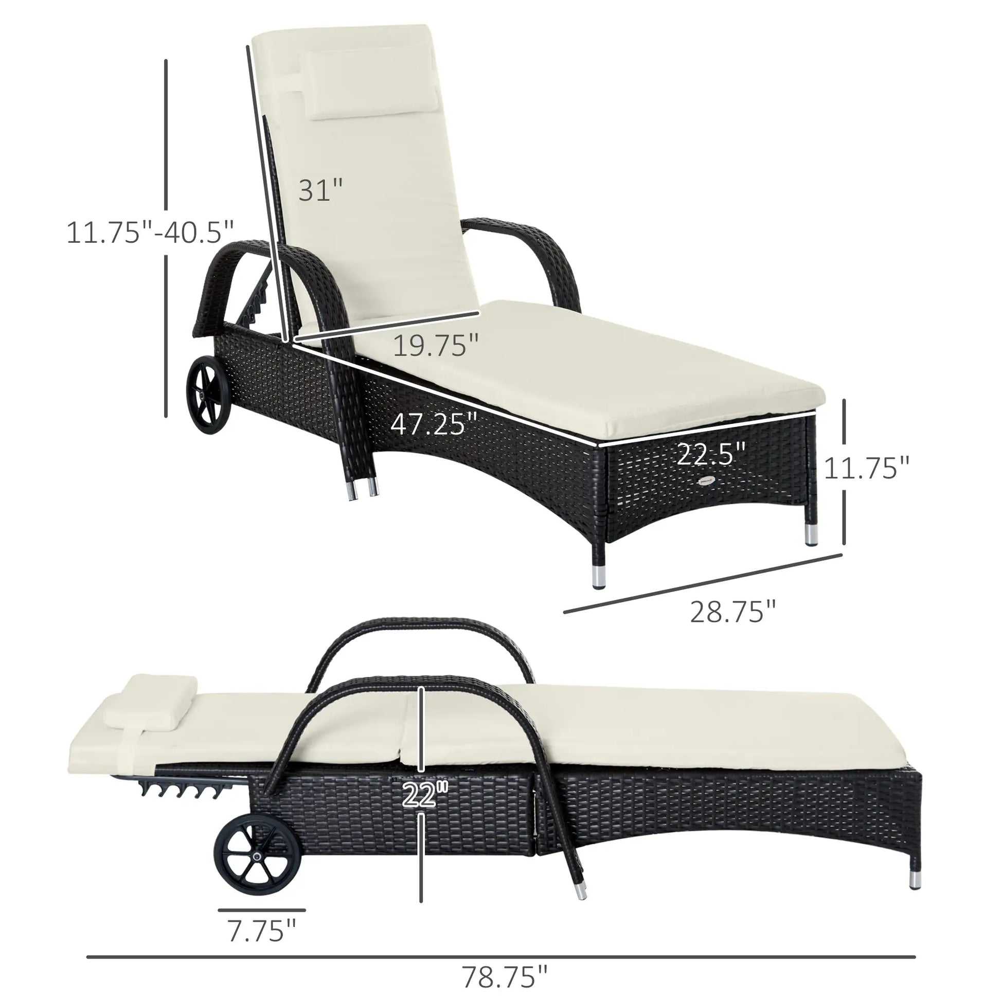 Wicker Chaise Lounge, Outdoor PE Rattan Sun Lounger, Adjustable Backrest, 5-Level, Deep Coffee Cream White, Cream White Chaise Loungers at Gallery Canada