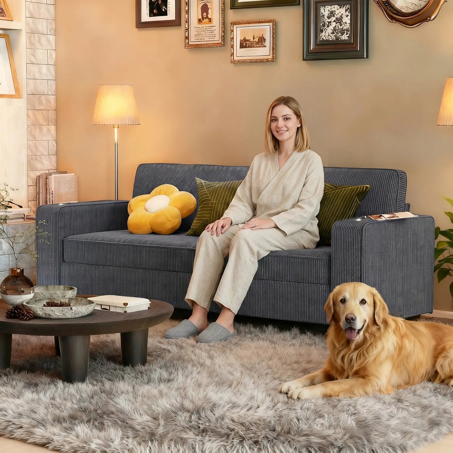 Three Seater Sofa, Fabric Couch with Spring Cushion, Cup Holders, Dark Grey 3-Seater Sofas at Gallery Canada