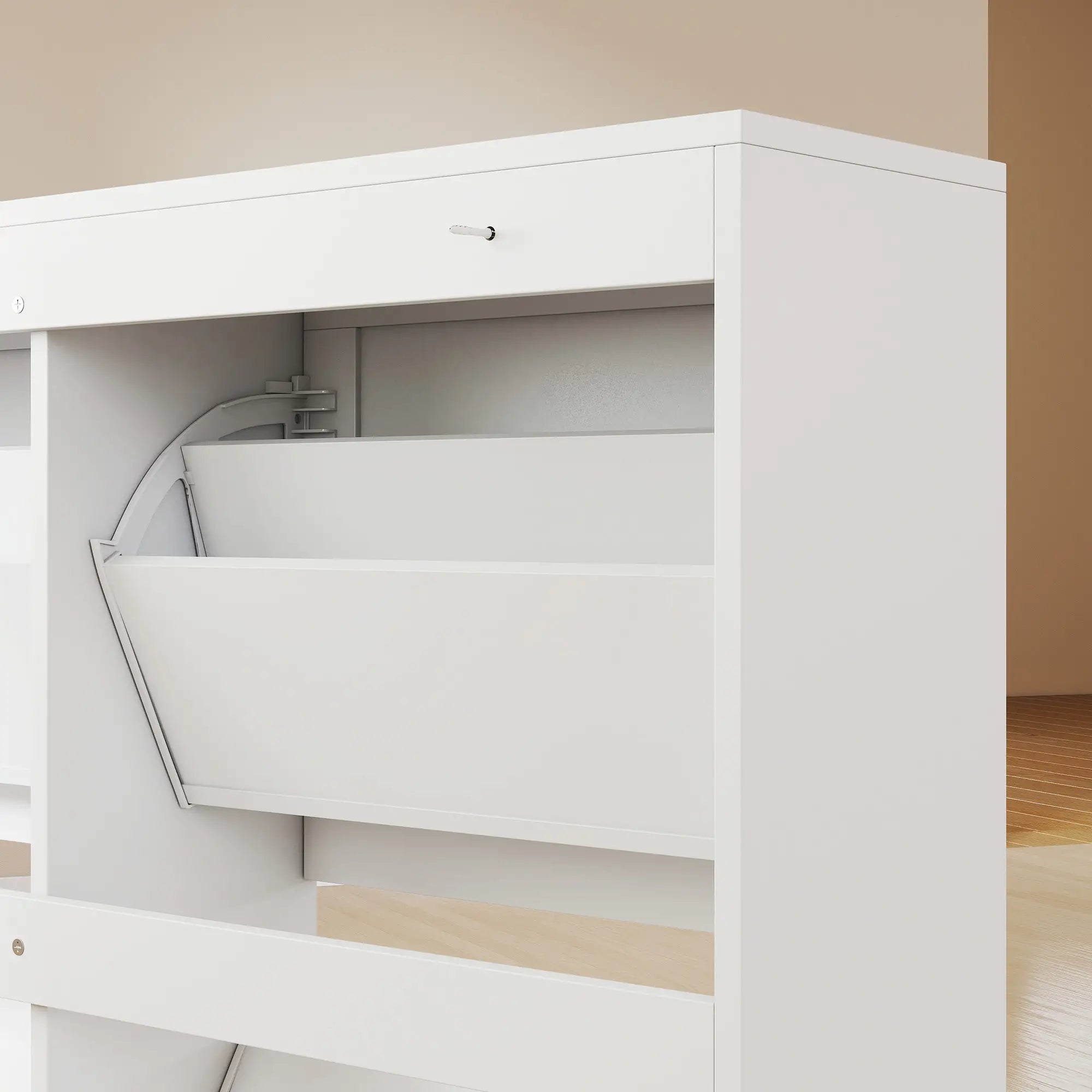 Shoe Cabinet with 4 Flip Drawers, Freestanding Narrow Shoe Storage Cabinet with Adjustable Shelves, Open Back, White Shoe Storage Cabinets & Racks at Gallery Canada