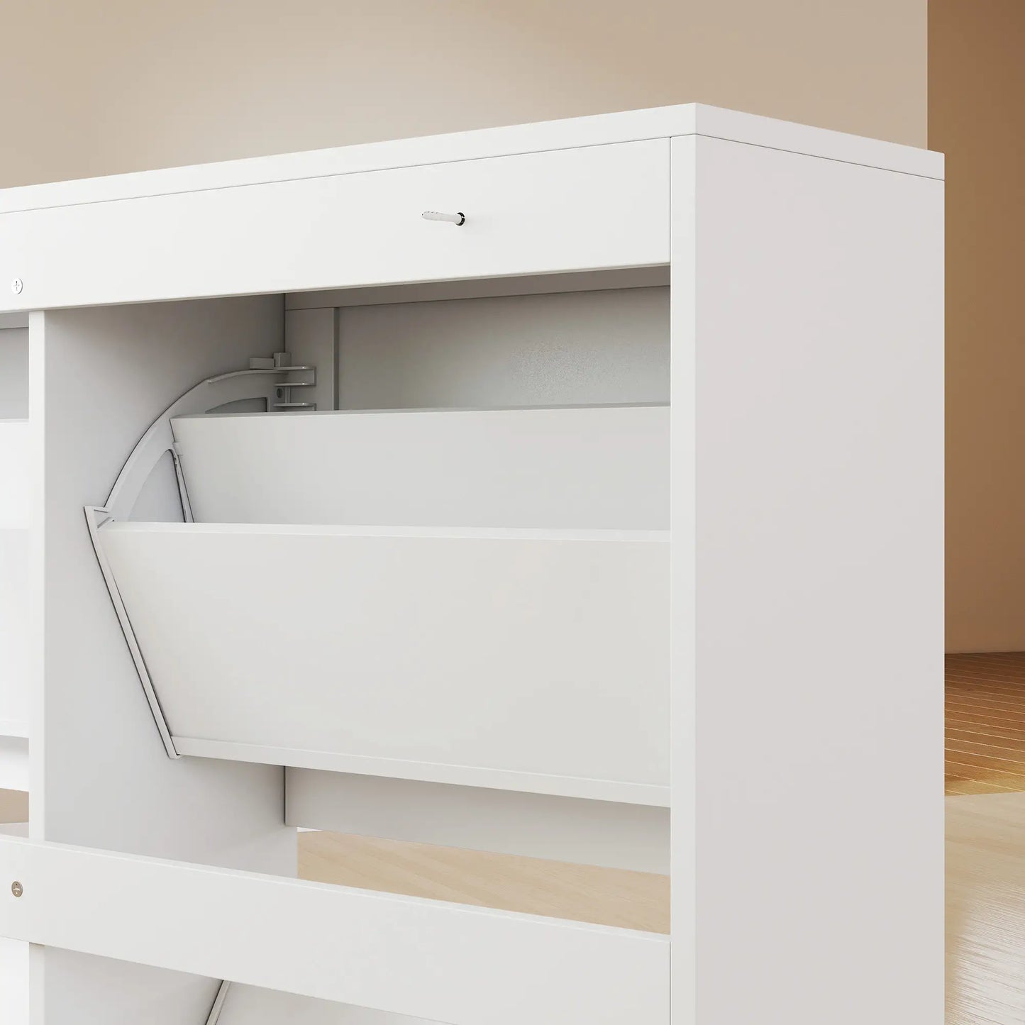 Shoe Cabinet with 4 Flip Drawers, Freestanding Narrow Shoe Storage Cabinet with Adjustable Shelves, Open Back, White Shoe Storage Cabinets & Racks at Gallery Canada