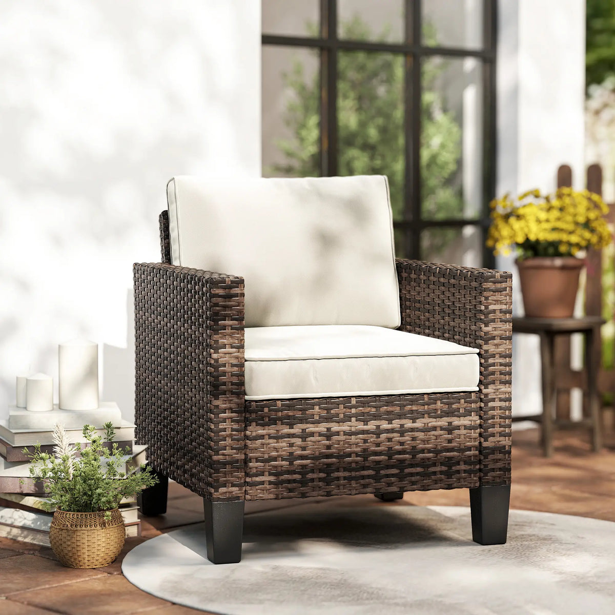 Single Wicker Patio Chair With Armrests, Cushions, Cream White Patio Chairs at Gallery Canada