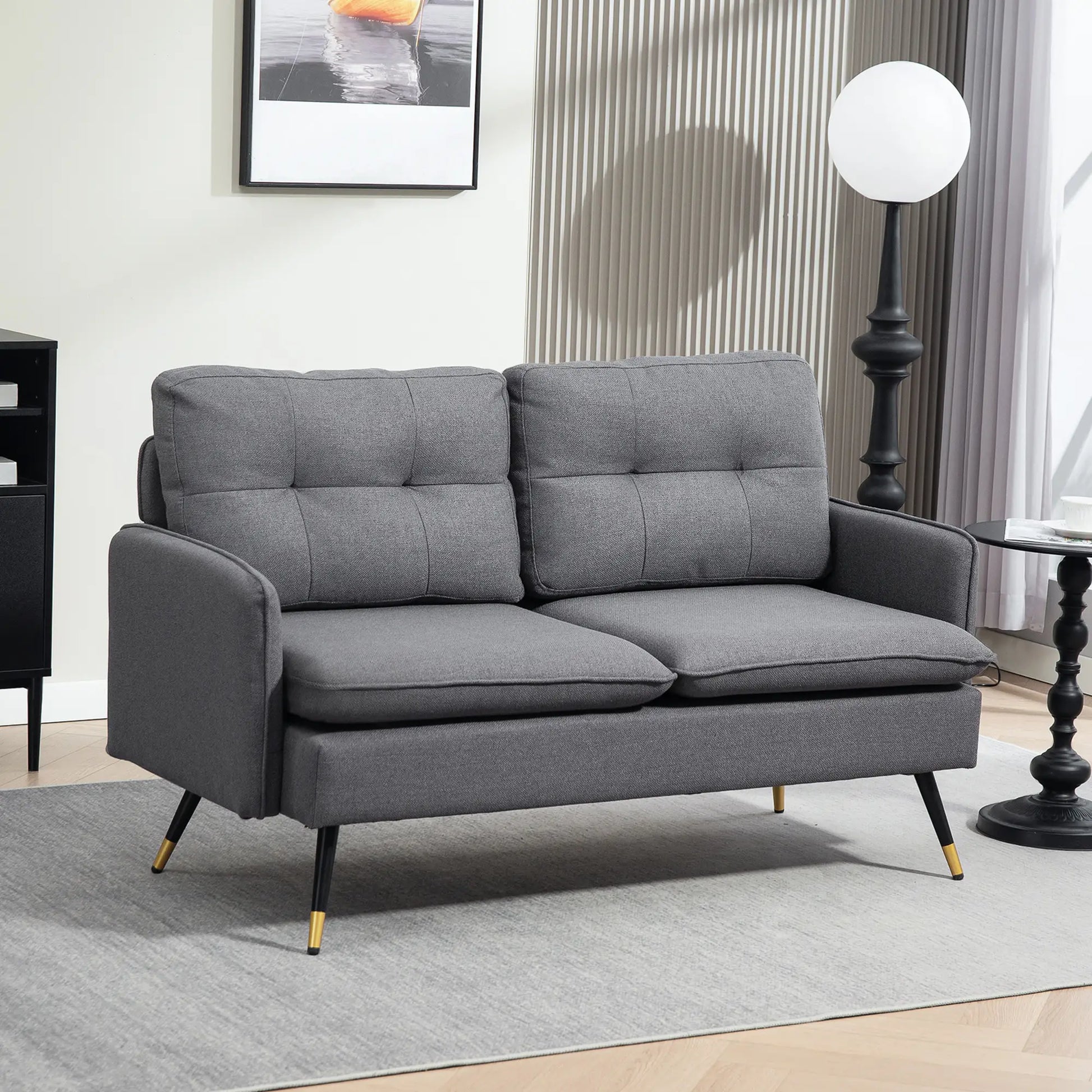 Modern 55" Loveseat, Fabric Sofa, Button Tufted Back, Steel Legs, Dark Grey 2-Seater Sofas at Gallery Canada