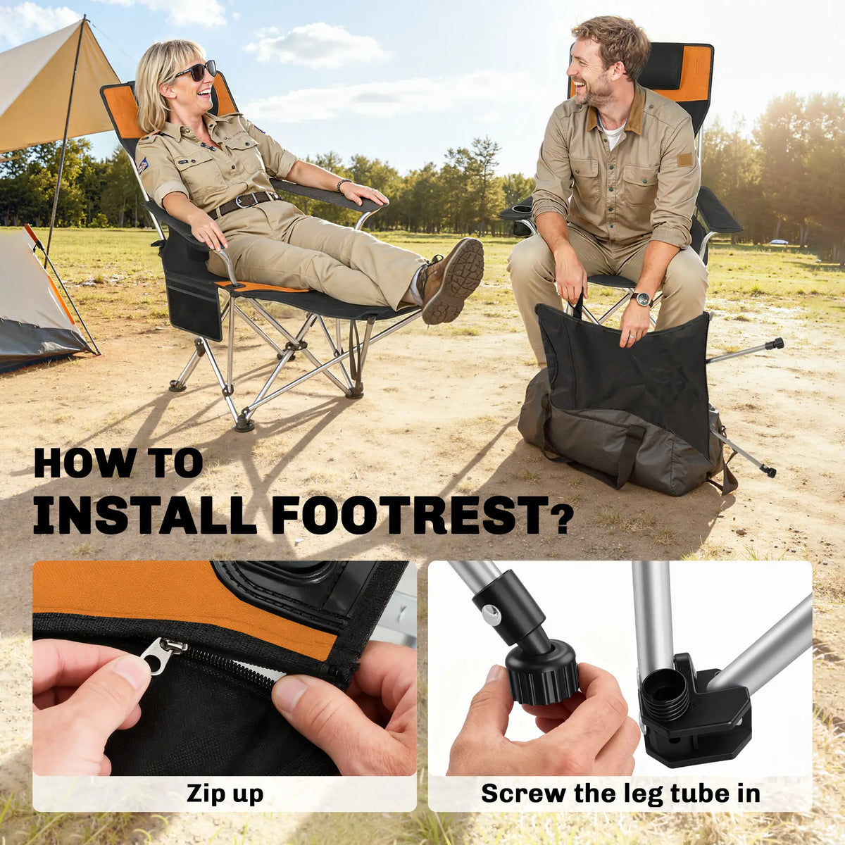 Reclining Camping Chair Set With Foot Rest, Headrest, Cup Holder, Storage Bag, Orange