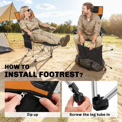 Reclining Camping Chair Set With Foot Rest, Headrest, Cup Holder, Storage Bag, Orange