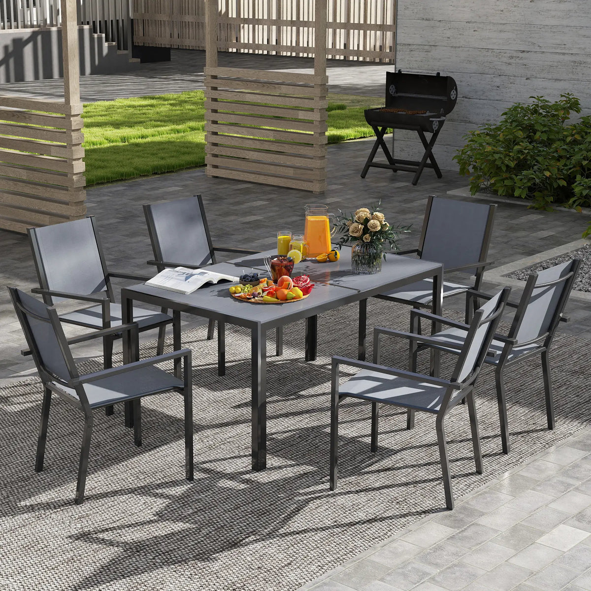 7-Piece Outdoor Dining Set, 6 Stackable Chairs, Rectangle Table, WPC Top