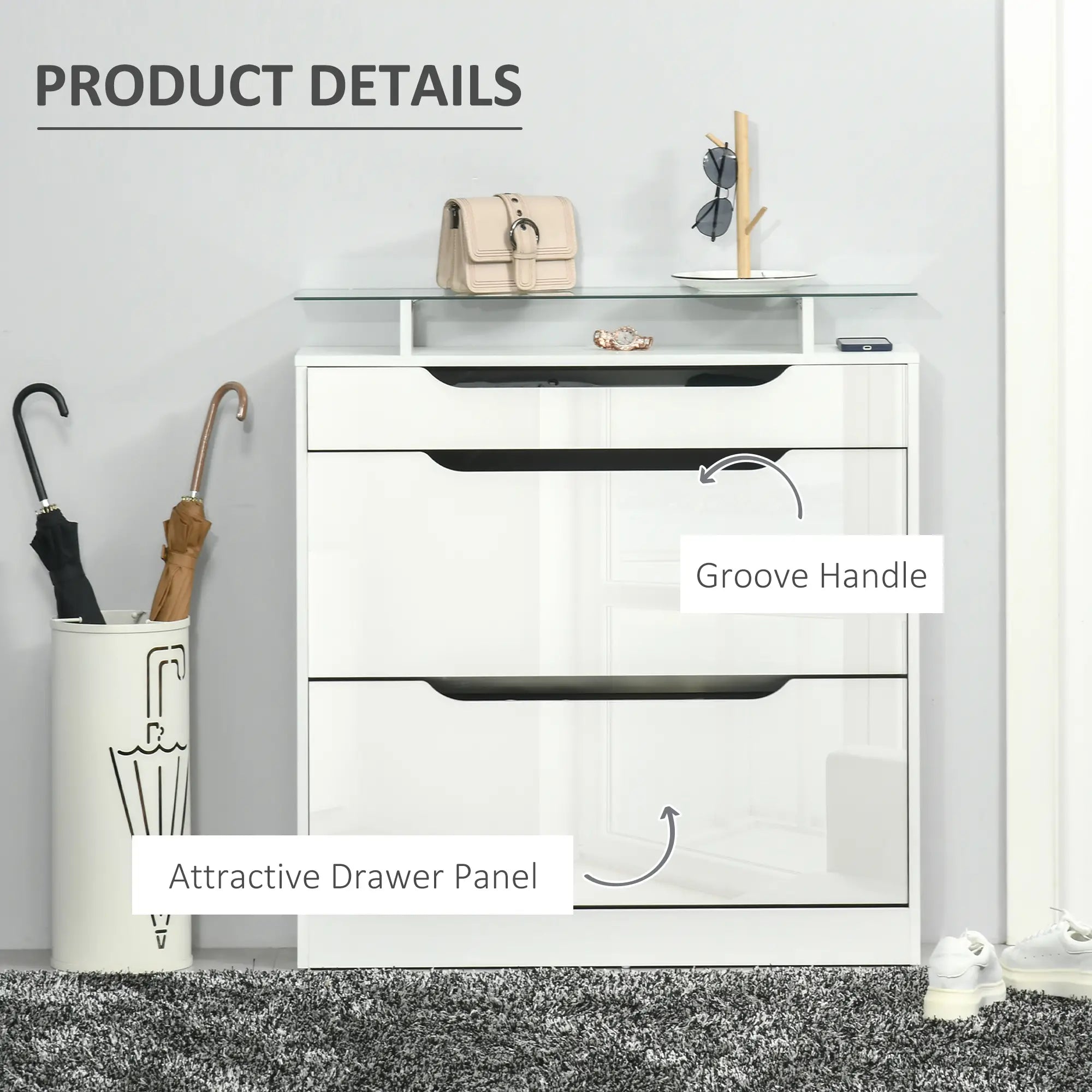 High Gloss Shoe Cabinet, 2 Flip Drawers, Adjustable Shelves, Glass Top, White Shoe Storage Cabinets & Racks at Gallery Canada