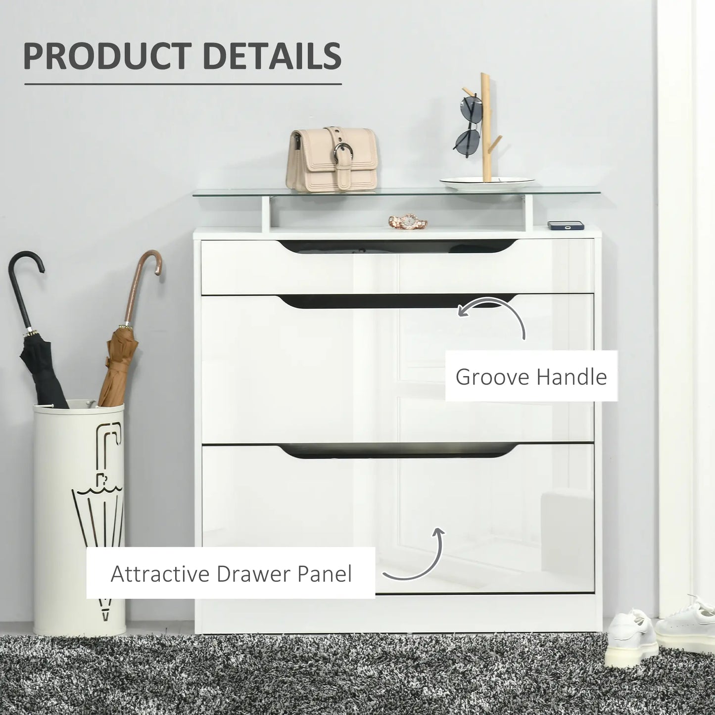 High Gloss Shoe Cabinet, 2 Flip Drawers, Adjustable Shelves, Glass Top, White Shoe Storage Cabinets & Racks at Gallery Canada