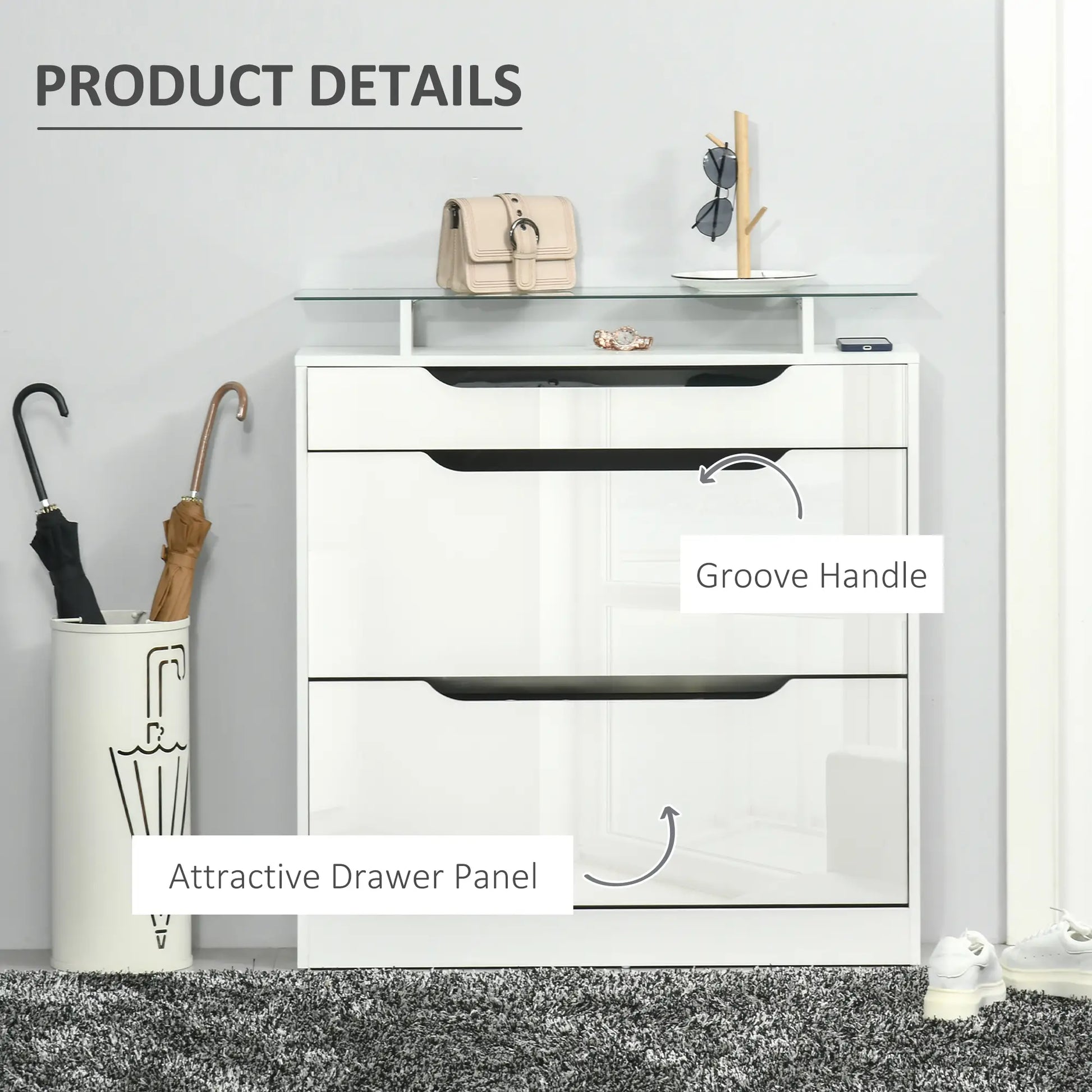 High Gloss Shoe Cabinet, 2 Flip Drawers, Adjustable Shelves, Glass Top, White Shoe Storage Cabinets & Racks at Gallery Canada