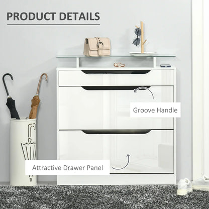 High Gloss Shoe Cabinet, 2 Flip Drawers, Adjustable Shelves, Glass Top, White Shoe Storage Cabinets & Racks at Gallery Canada
