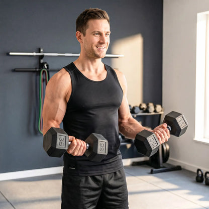 2X35 lbs Rubber Hex Dumbbell Set, Black, Black