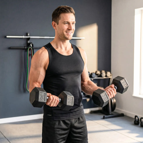 2X35 lbs Rubber Hex Dumbbell Set, Black, Black