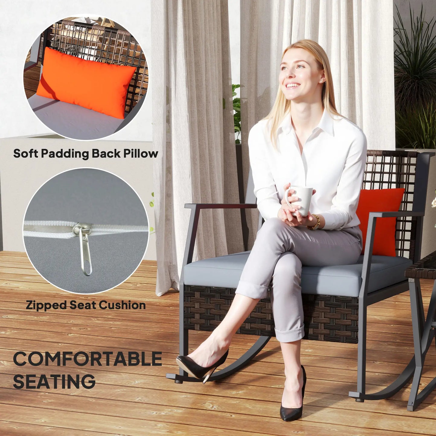 3 Pc Rocking Bistro Set, Wicker Patio Furniture with Cushions, Glass Table, Grey Outdoor Rocking Chairs at Gallery Canada