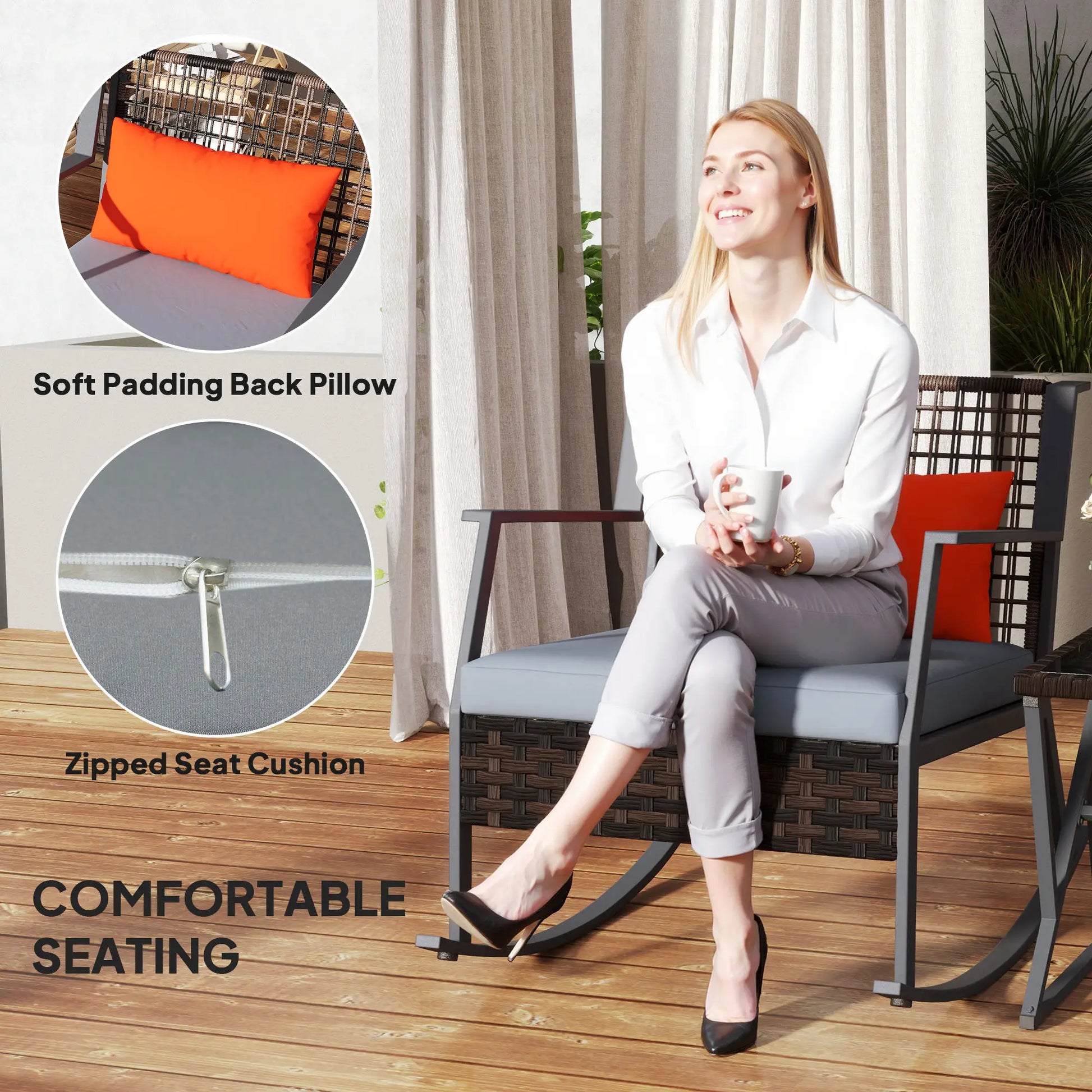 3 Pc Rocking Bistro Set, Wicker Patio Furniture with Cushions, Glass Table, Grey Outdoor Rocking Chairs at Gallery Canada