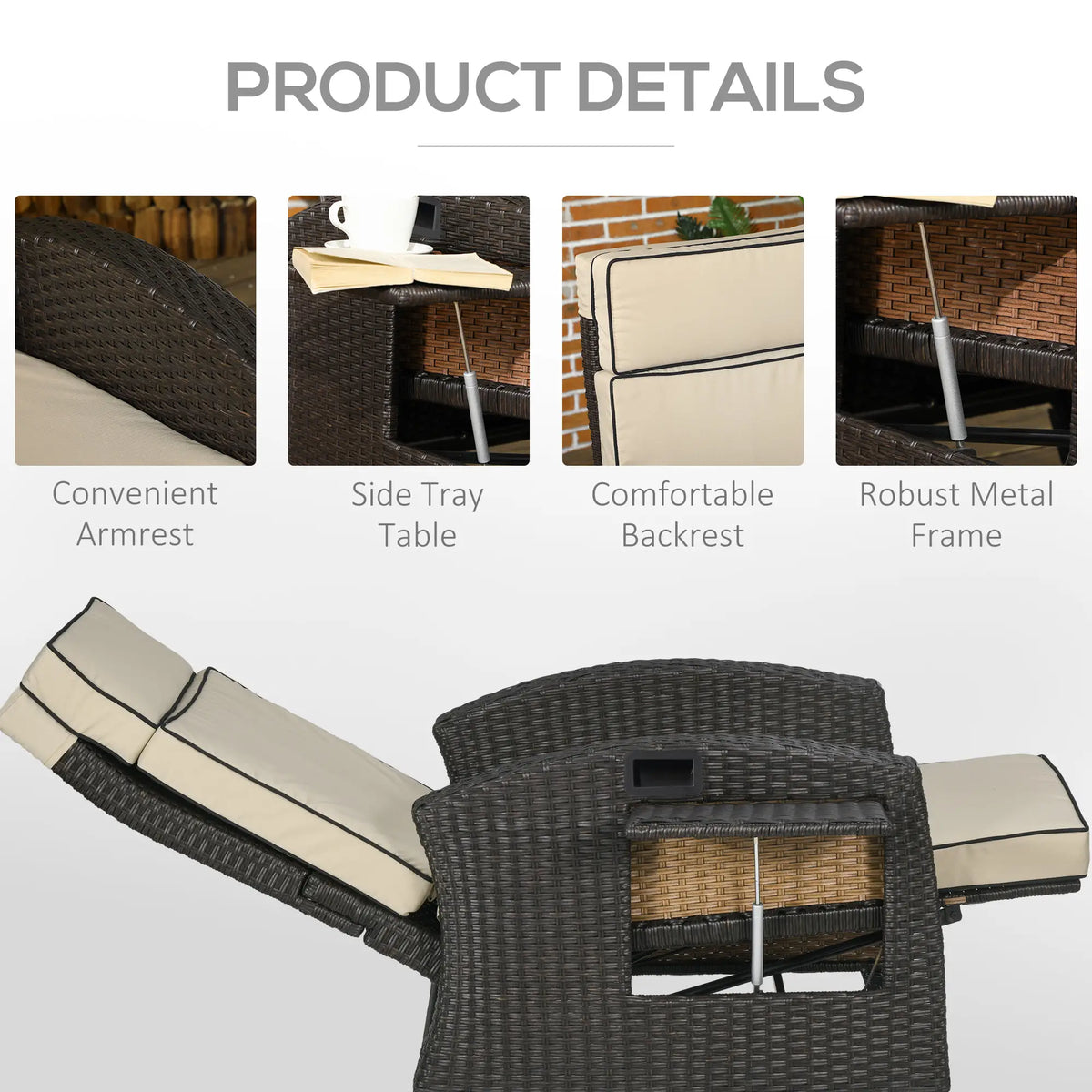 Outdoor Recliner Chair, Adjustable Backrest, Cushion, Side Tray, Khaki Chaise Loungers at Gallery Canada