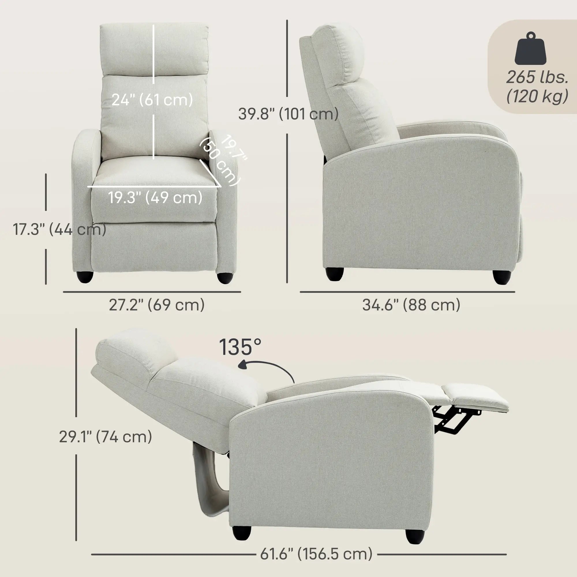 Fabric Recliner Chair, Manual Reclining Sofa, Padded Seat, Cream White Single Sofas at Gallery Canada