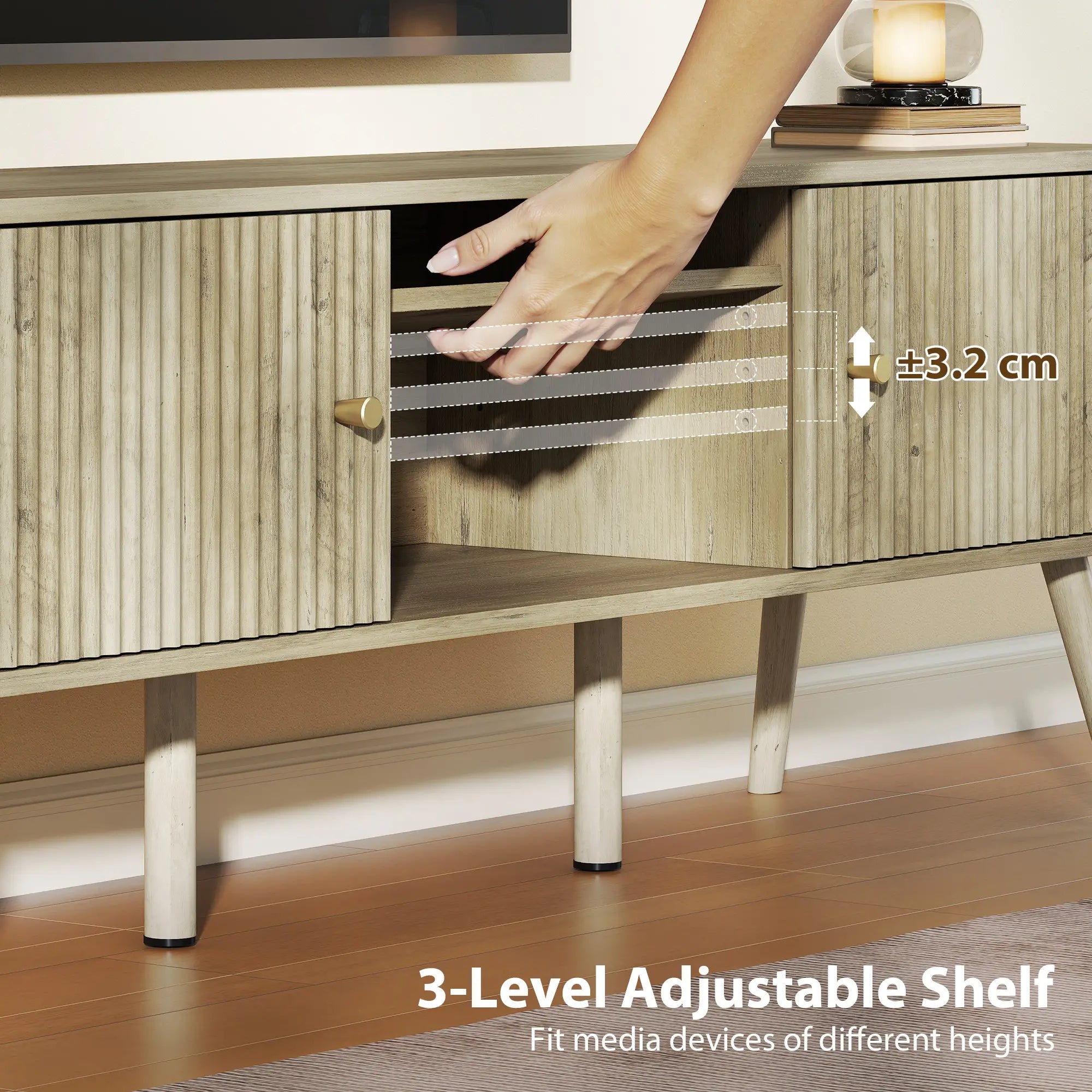 TV Stand for 65 Inch TV, Adjustable Shelves, Pine Wood Legs, Oak TV Stands at Gallery Canada
