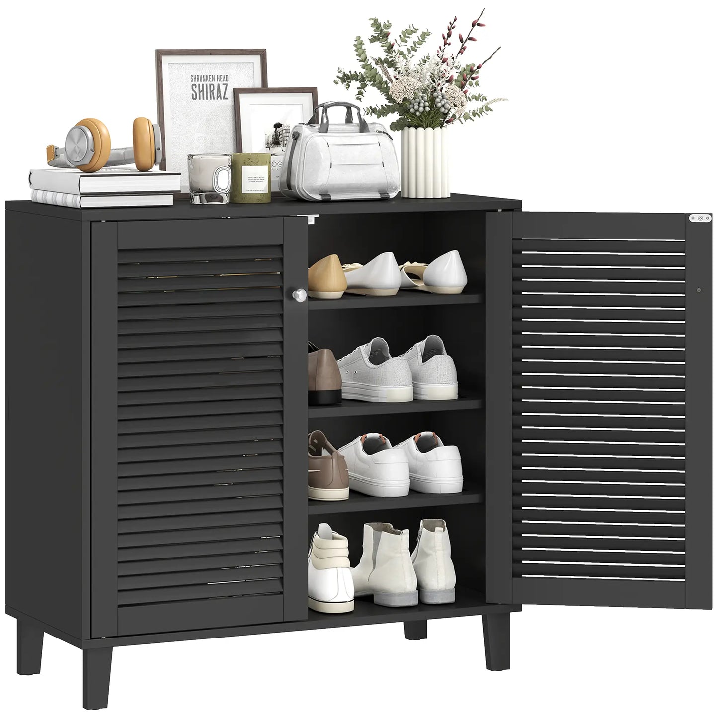 Shoe Cabinet With Adjustable Shelves, 2 Doors, Black, Black