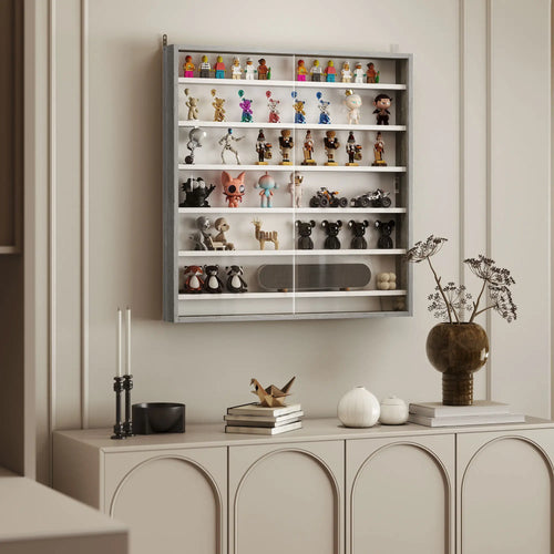 7-Tier Glass Display Cabinet, 2 Doors, 6 Adjustable Shelves, Grey
