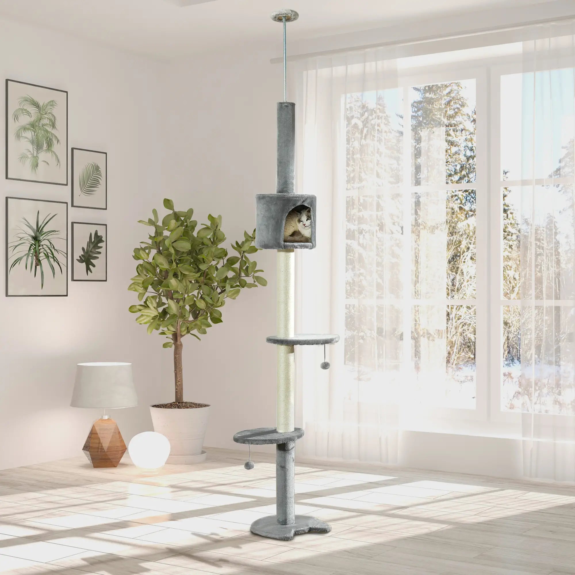 4-Tier Floor to Ceiling Cat Tree, Scratching Post, Plush, Toy Ball, Light Grey Floor to Ceiling Cat Trees at Gallery Canada