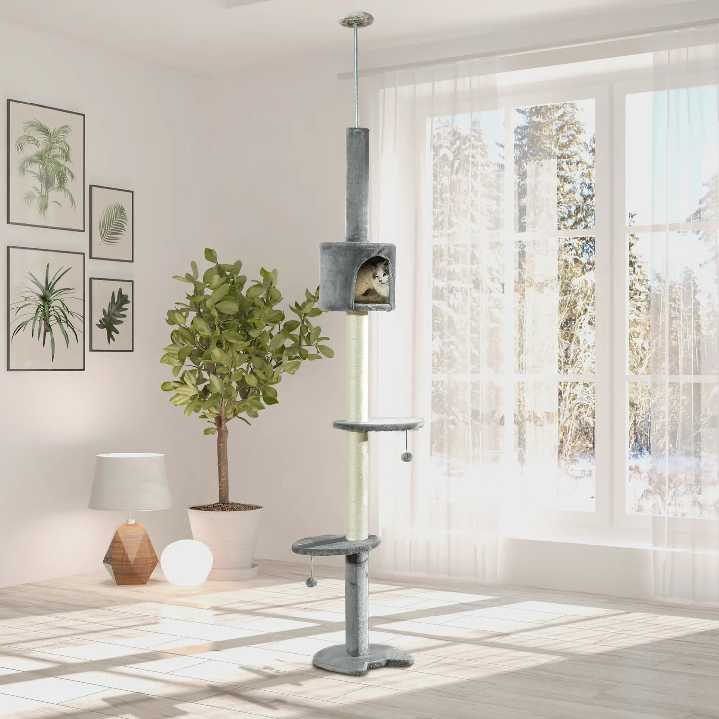 4-Tier Floor to Ceiling Cat Tree, Scratching Post, Plush, Toy Ball, Light Grey Floor to Ceiling Cat Trees at Gallery Canada