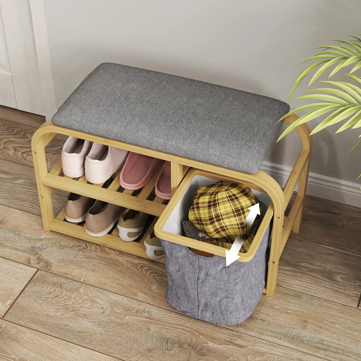 Bamboo Entryway Bench, Shoe Storage with Cushion, Slat Shelves, Pull-Out Basket Storage Ottomans & Benches at Gallery Canada