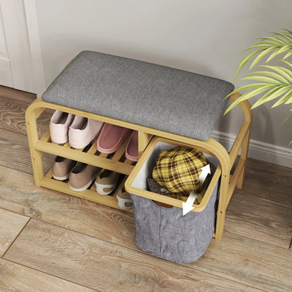 Bamboo Entryway Bench, Shoe Storage with Cushion, Slat Shelves, Pull-Out Basket Storage Ottomans & Benches at Gallery Canada