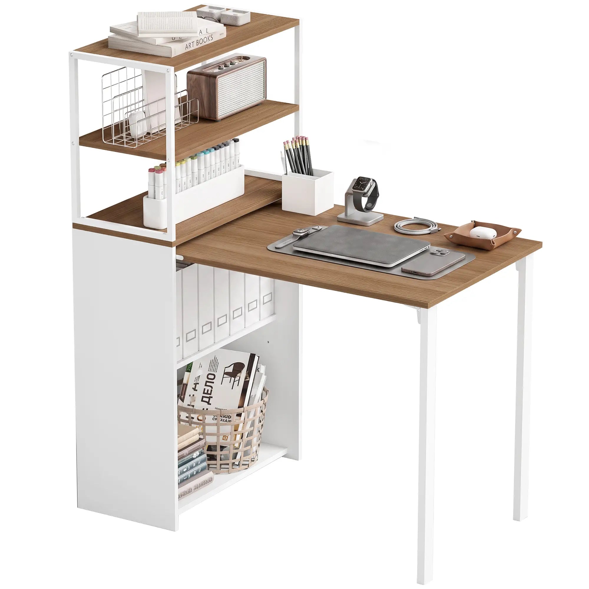 Folding Computer Desk With 4-Tier Bookshelf, Natural Computer Desks Natural, White at Gallery Canada