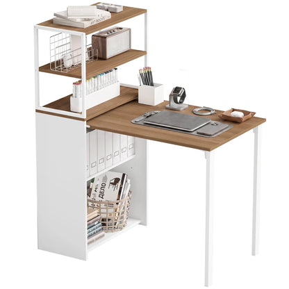 Folding Computer Desk With 4-Tier Bookshelf, Natural Computer Desks Natural, White at Gallery Canada