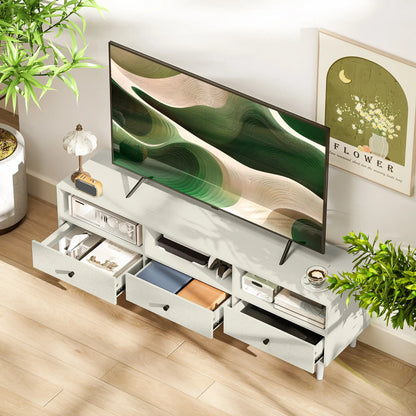 Support TV pour 75 Pouces, 3 Étagères de Rangement, 3 Tiroirs, Blanc