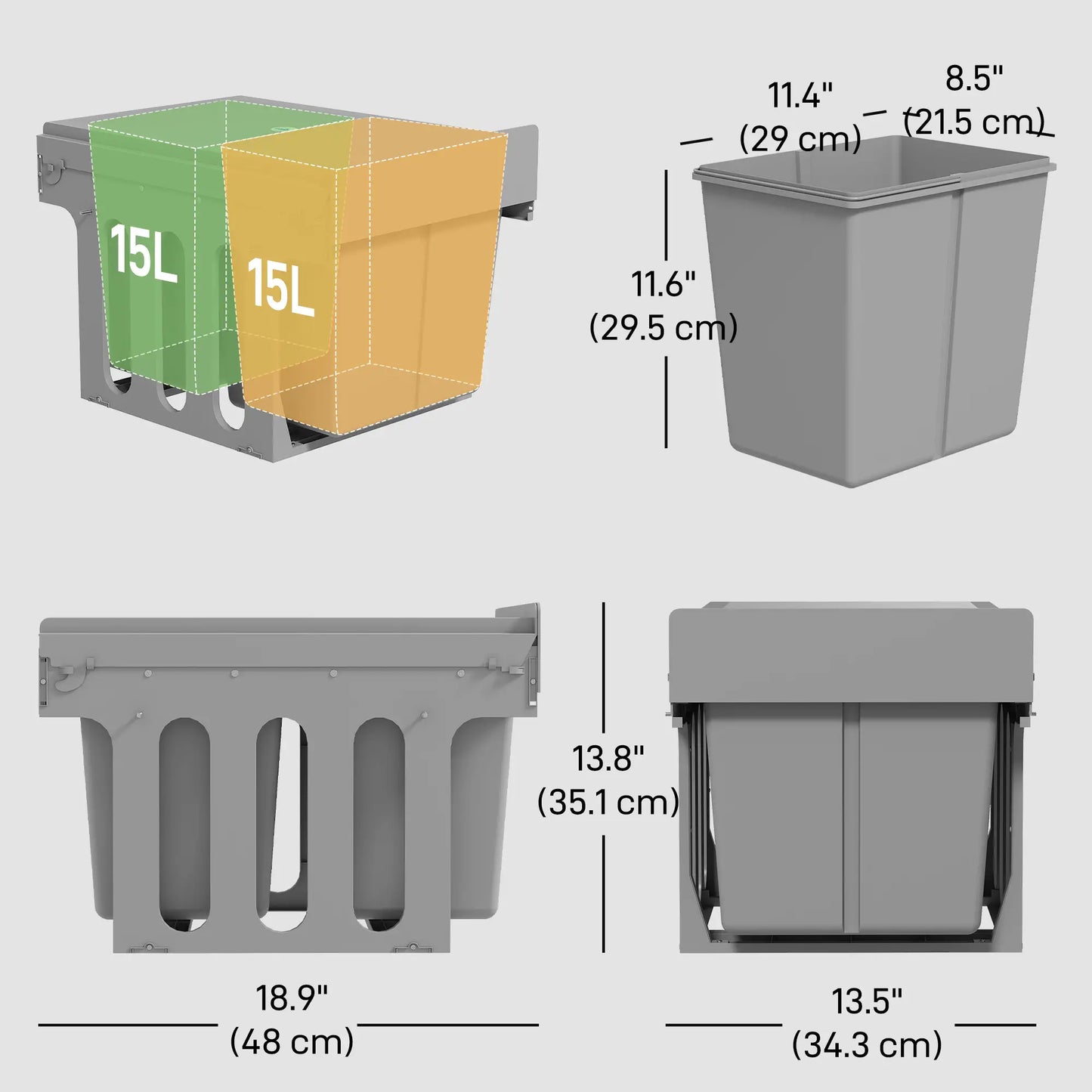 Tiroir à déchets, poubelle sous évier, 2 compartiments, 4 gallons chacun, gris clair, gris clair