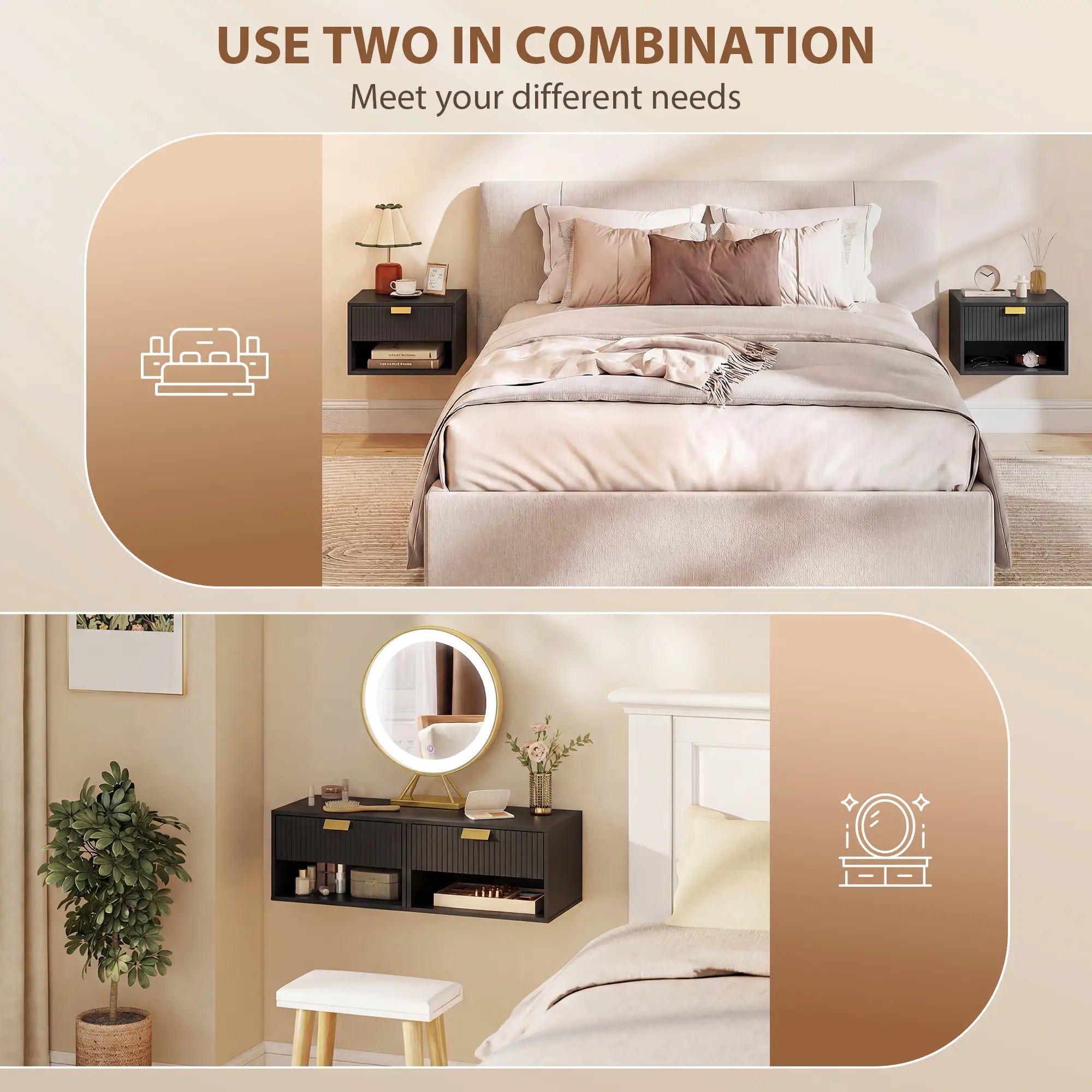 Wall Mounted Bedside Tables, Floating Nightstands, Black Bedside Tables at Gallery Canada