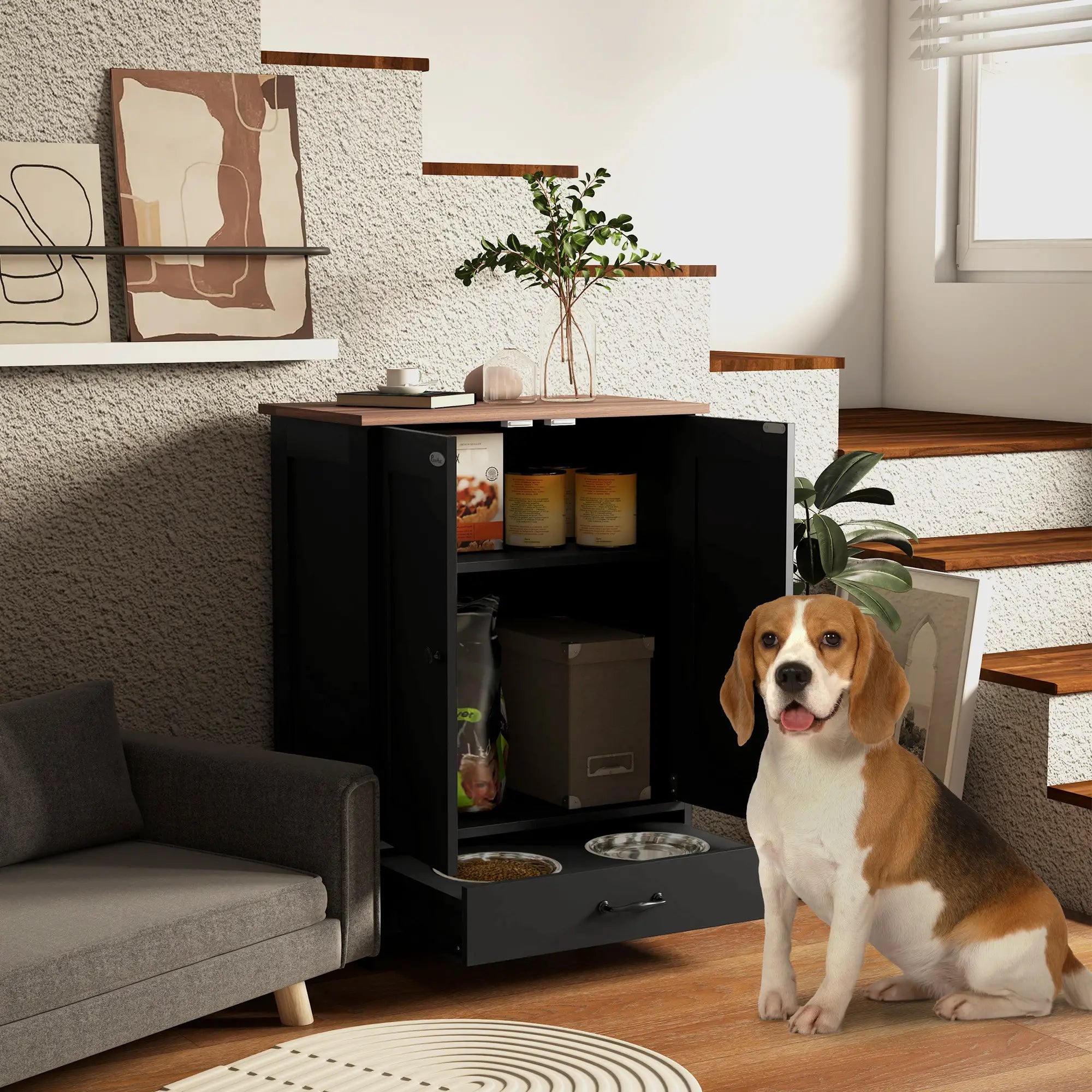 Dog Food Storage Container, Adjustable Panel, Hooks, Medium Size, Black Dog Bowls at Gallery Canada