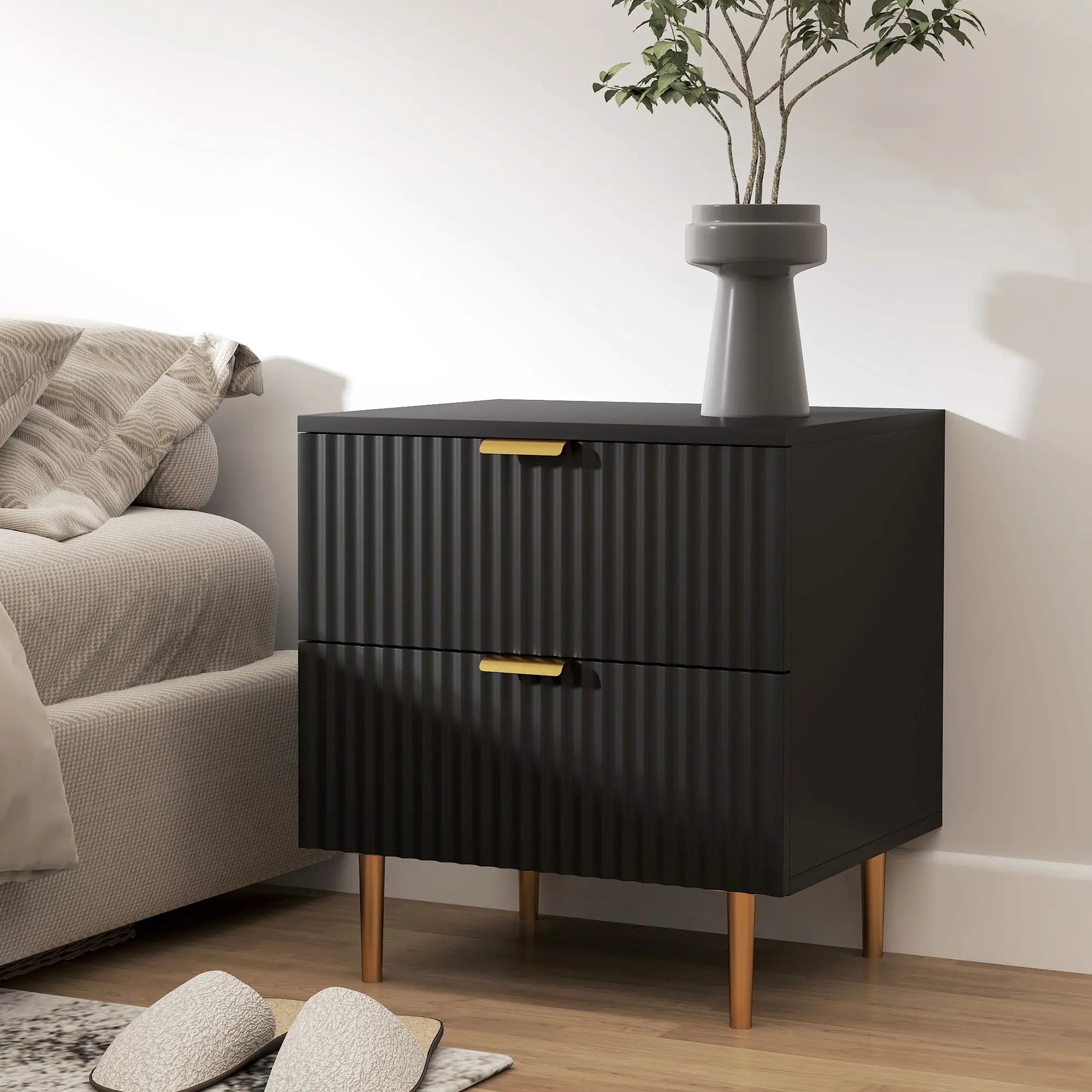 Modern Nightstand, 2 Drawers, Metal Legs, Black Bedside Tables at Gallery Canada