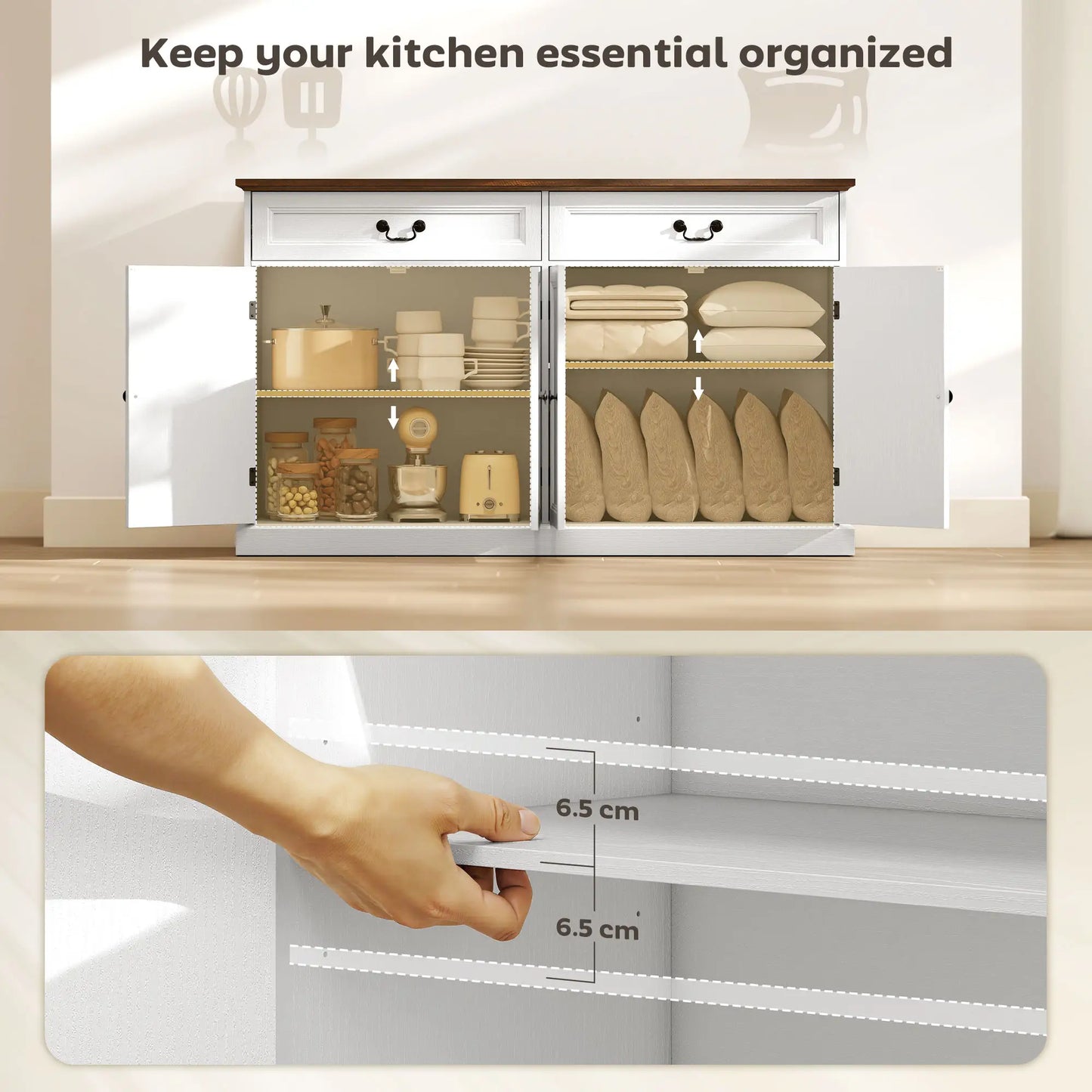 55" Buffet Cabinet, White Wood Grain, Charging Station, 2 Drawers, White Bar Cabinets at Gallery Canada