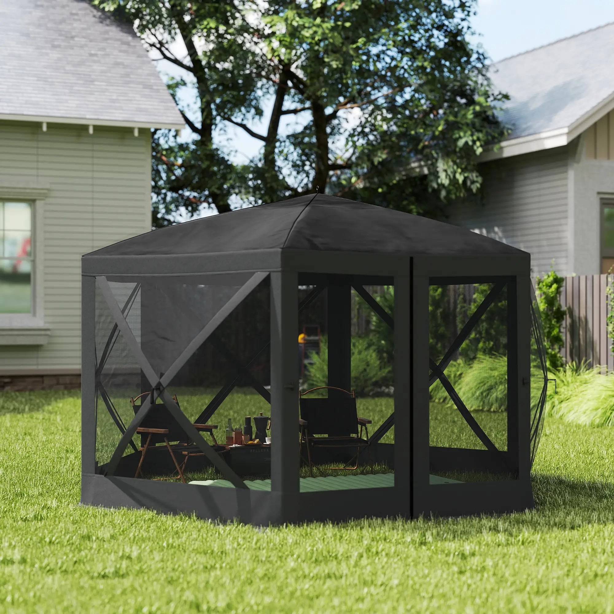 12' x 12' Hexagon Pop Up Screen Tent, Camping Shelter w/ Mesh, Carry Bag, Black Pop Up Canopies at Gallery Canada
