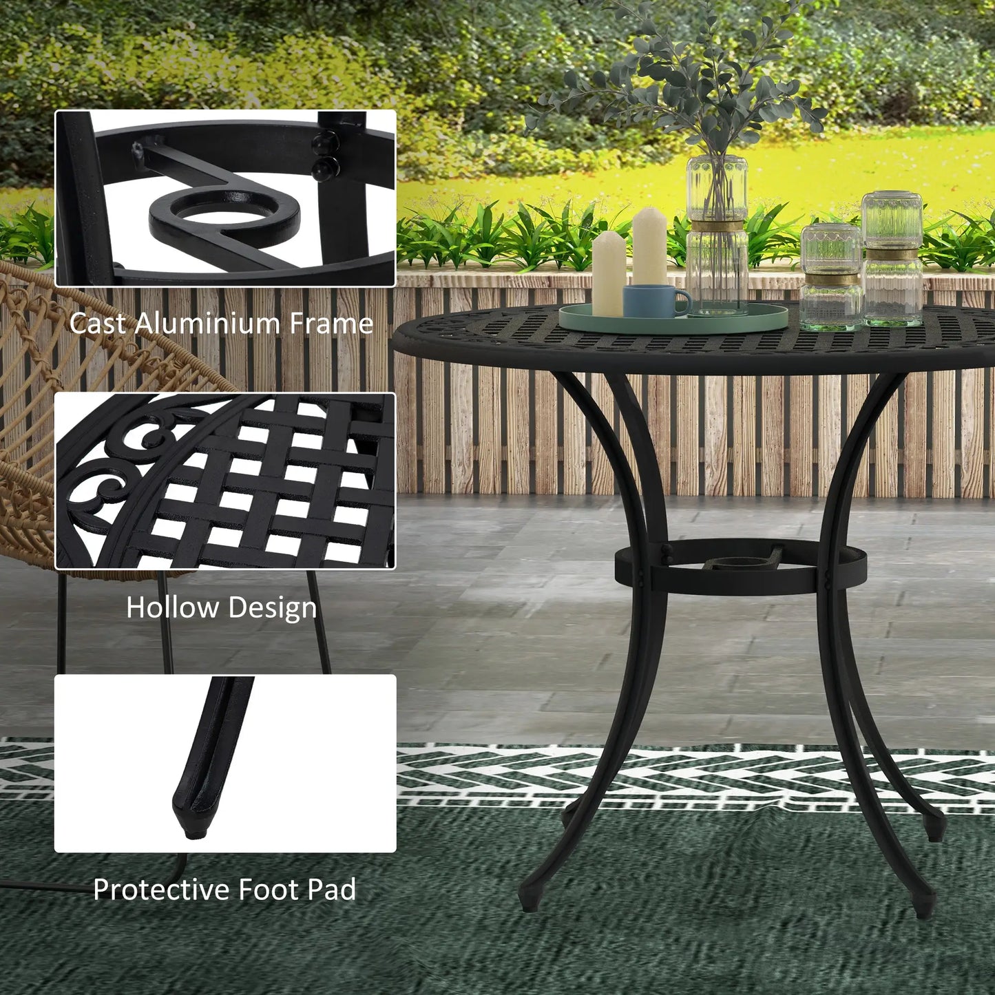 35.5" Round Outdoor Dining Table, Cast Aluminum, Grid Top, Black Patio Dining Tables at Gallery Canada