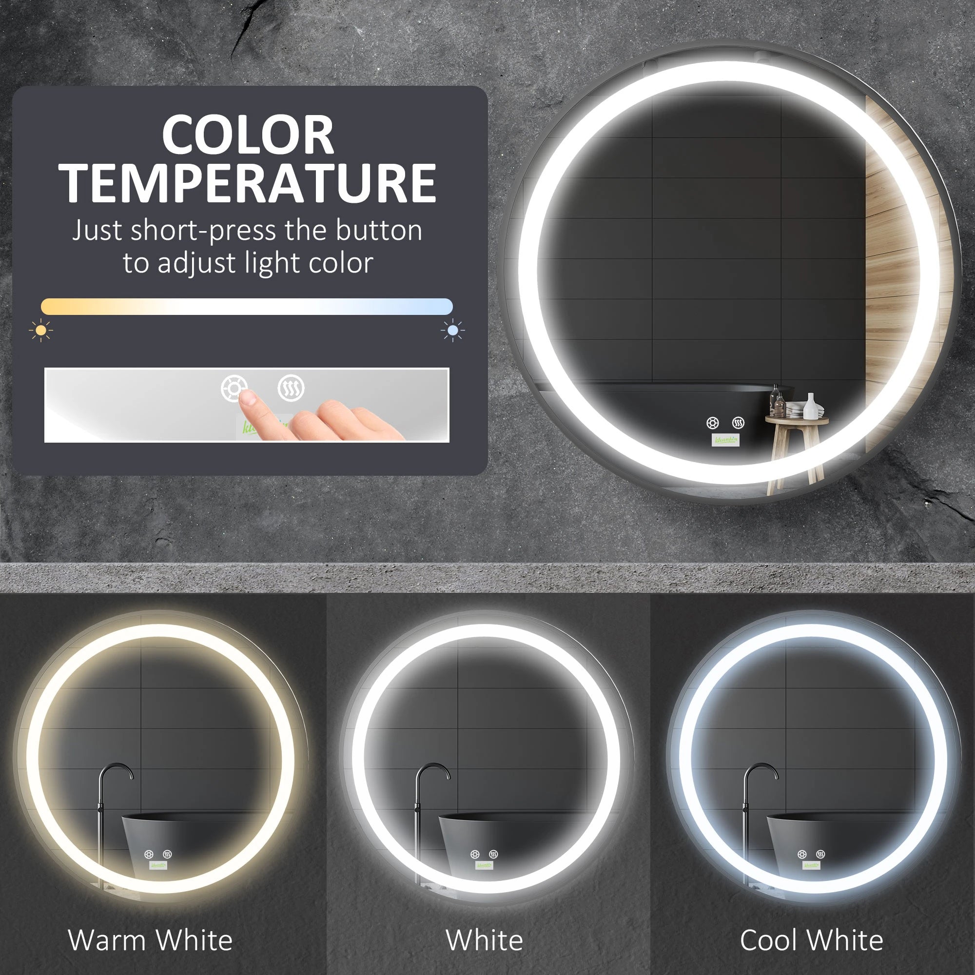 LED Bathroom Mirror, Dimmable Anti Fog, 3 Temperatures, 24 Inch, Color Wall Mirrors at Gallery Canada
