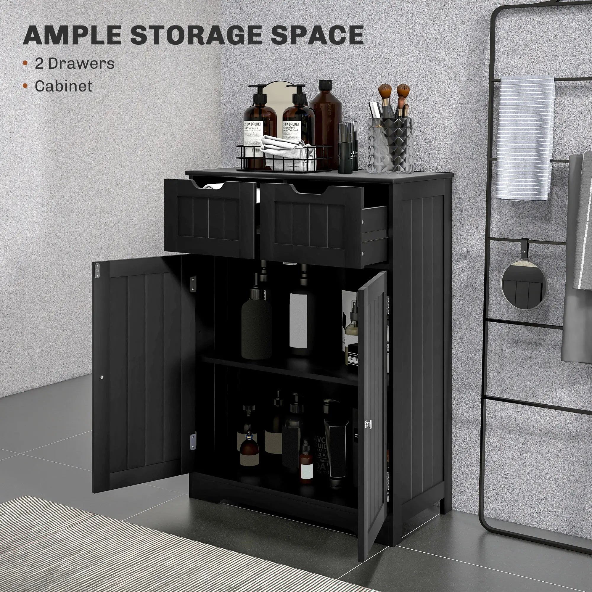Bathroom Storage Cabinet, 2 Drawers, Adjustable Shelf, Black Bathroom Cabinets at Gallery Canada