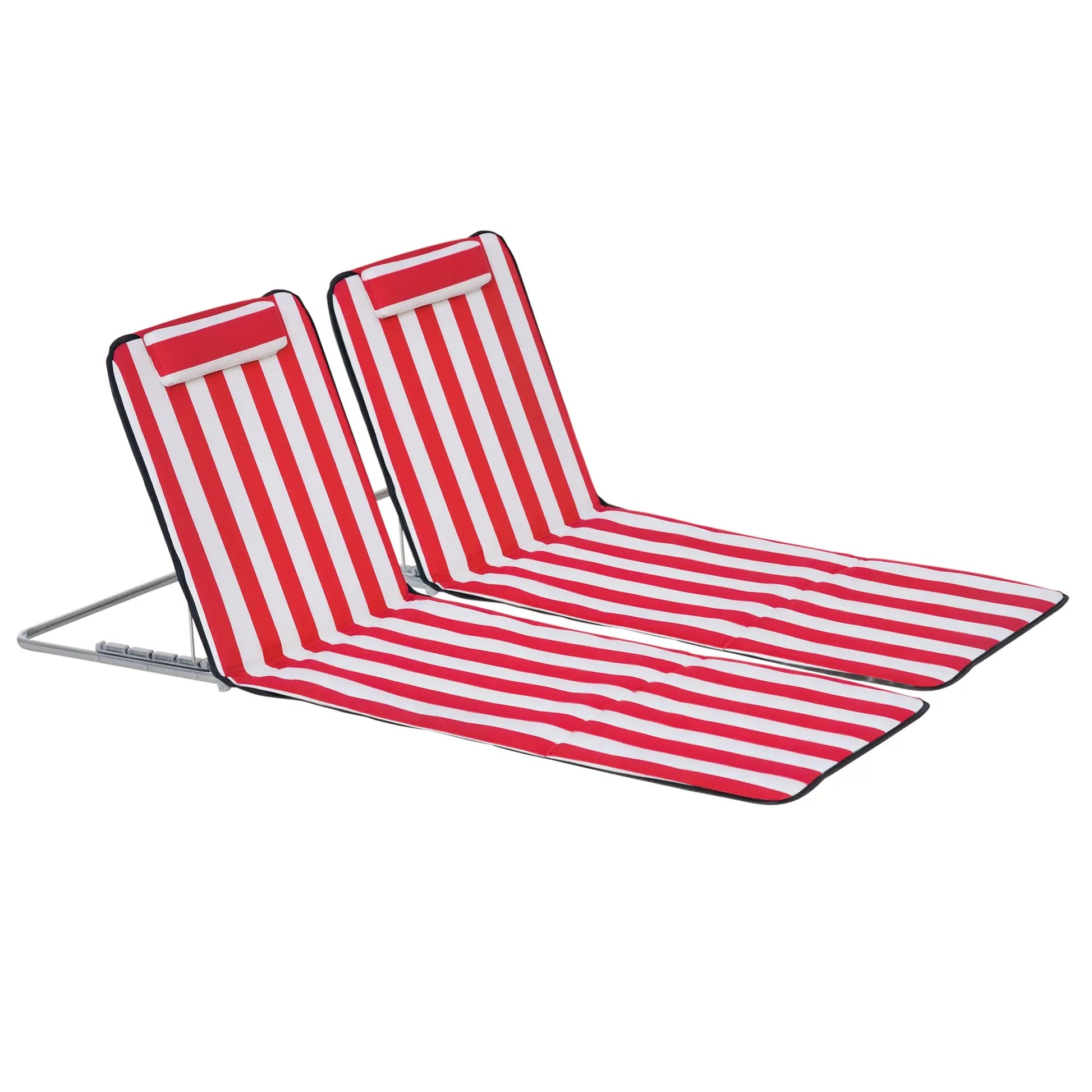 Beach Lounge Chair Set, Folding Mat w/ Adjustable Back, Steel Frame, Head Pillow, Carry Bag, Red and White Beach Accessories Red and White at Gallery Canada